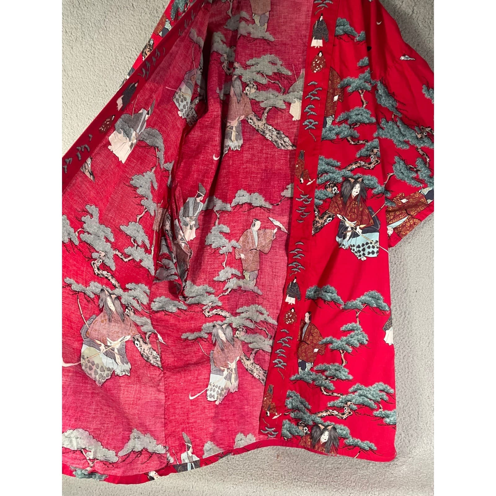 Vintage Japanese Kimono Robe Red Cotton Floral Crane Made in Japan Womens L - Thumbnail 12