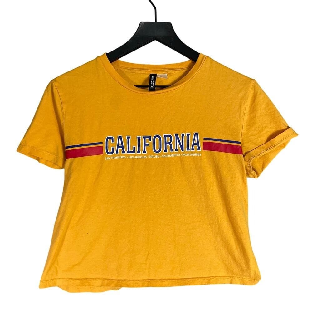 HM Divided California Yellow Crop Top Tee Womens Size M Medium Summer Casual