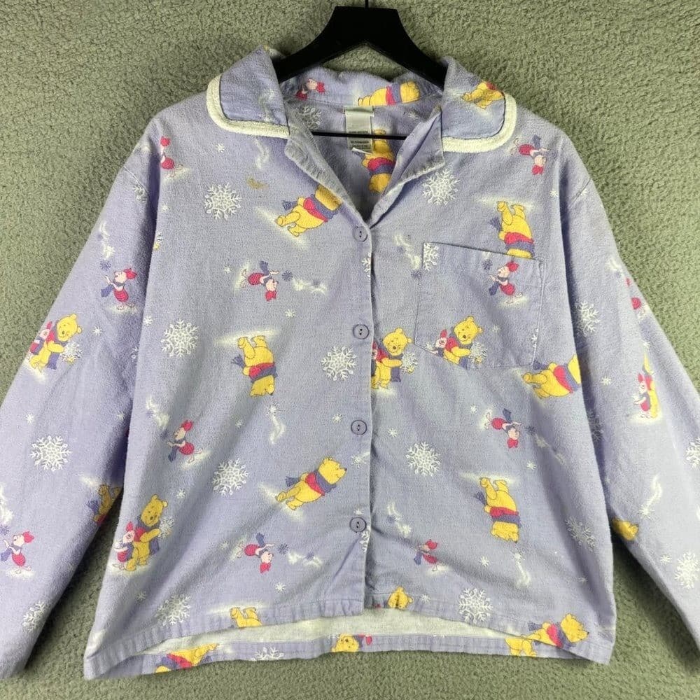 Disney Winnie Pooh Pajama Top Womens Medium Flannel Button Sleep Shirt Cute - Thumbnail 5