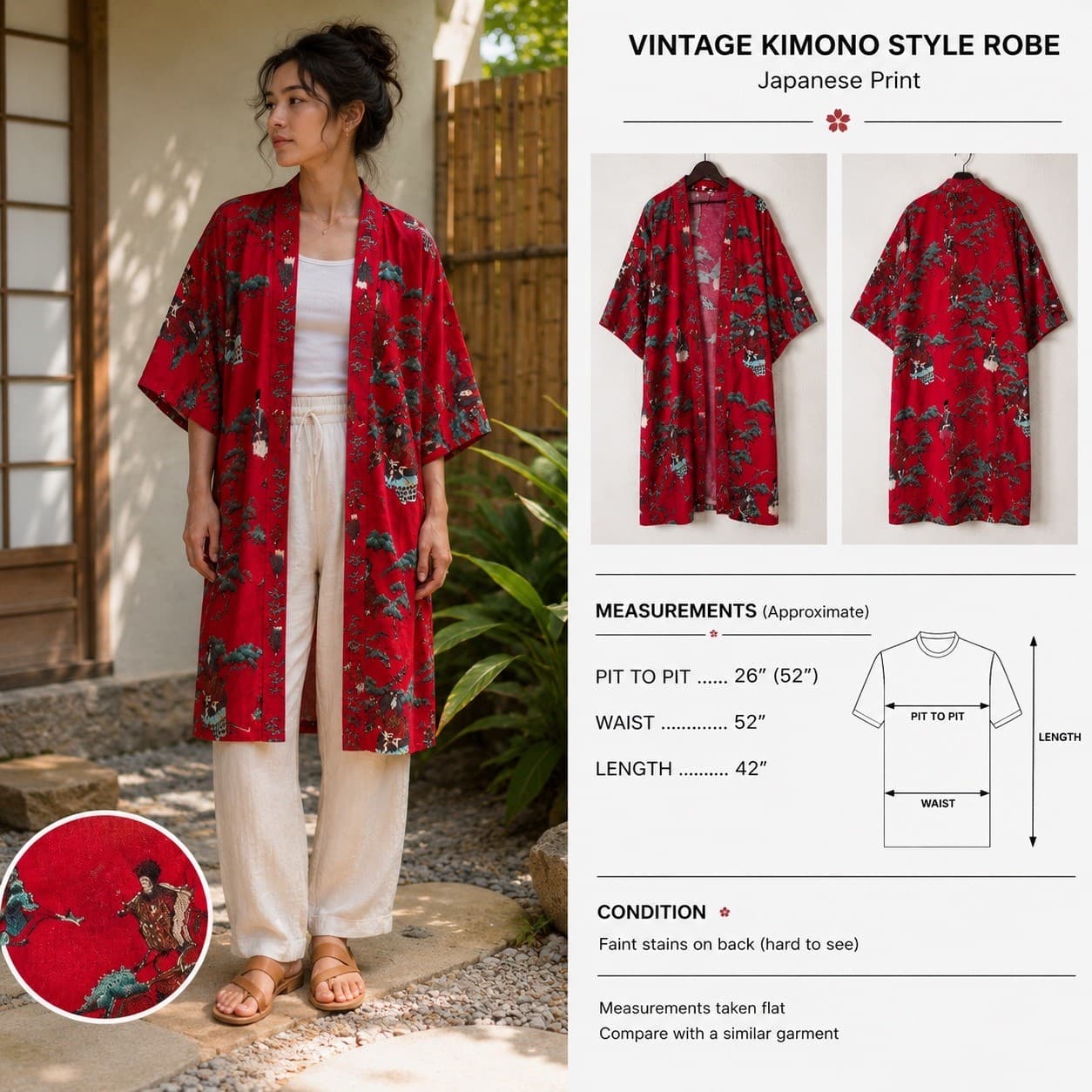 Vintage Japanese Kimono Robe Red Cotton Floral Crane Made in Japan Womens L - Thumbnail 2
