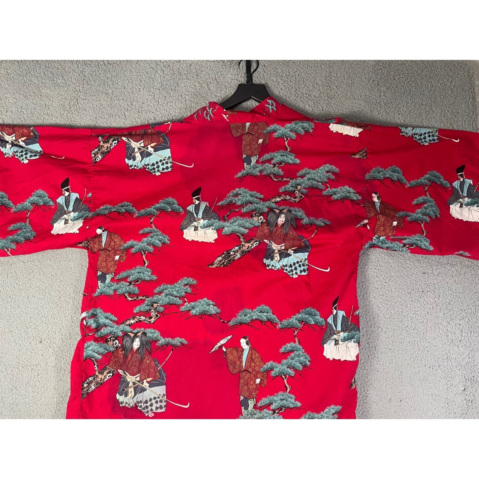 Vintage Japanese Kimono Robe Red Cotton Floral Crane Made in Japan Womens L - Thumbnail 13