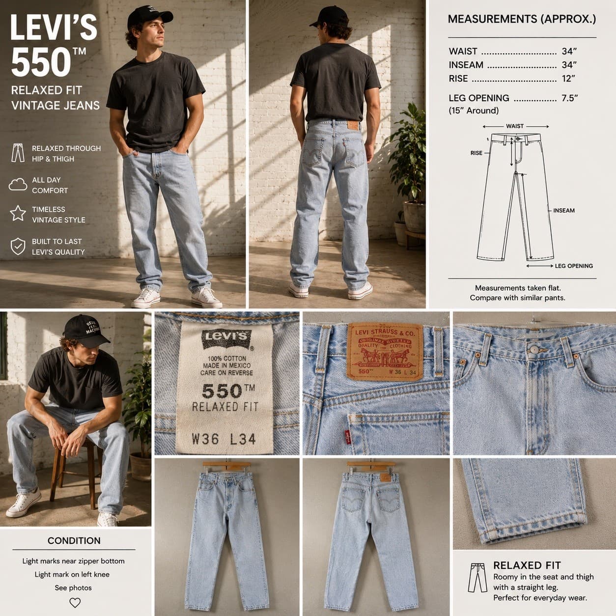 Levi's 550 Vintage Jeans Mens 36x34 Light Wash Relaxed Tapered Denim Pants Blue - Thumbnail 2