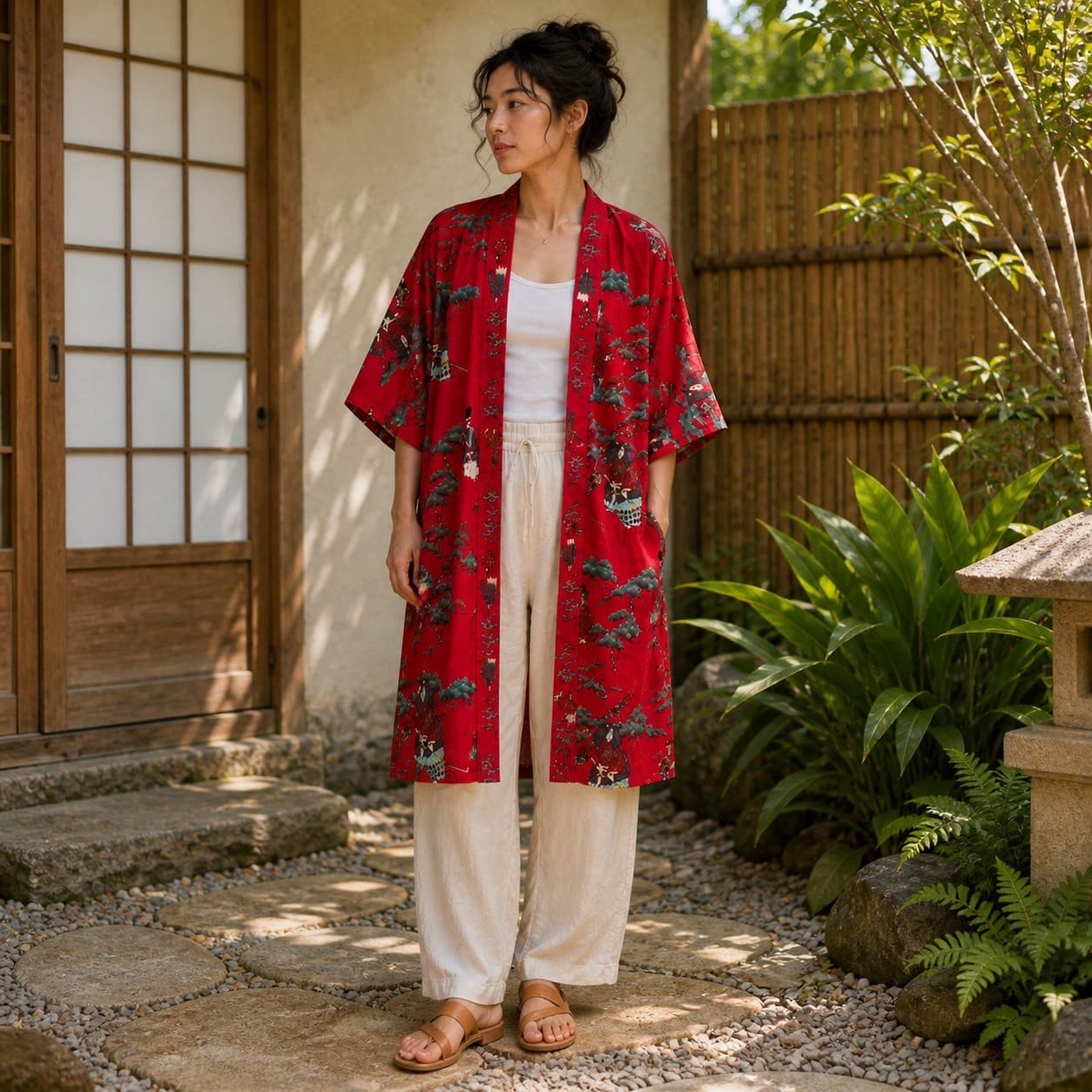 Vintage Japanese Kimono Robe Red Cotton Floral Crane Made in Japan Womens L