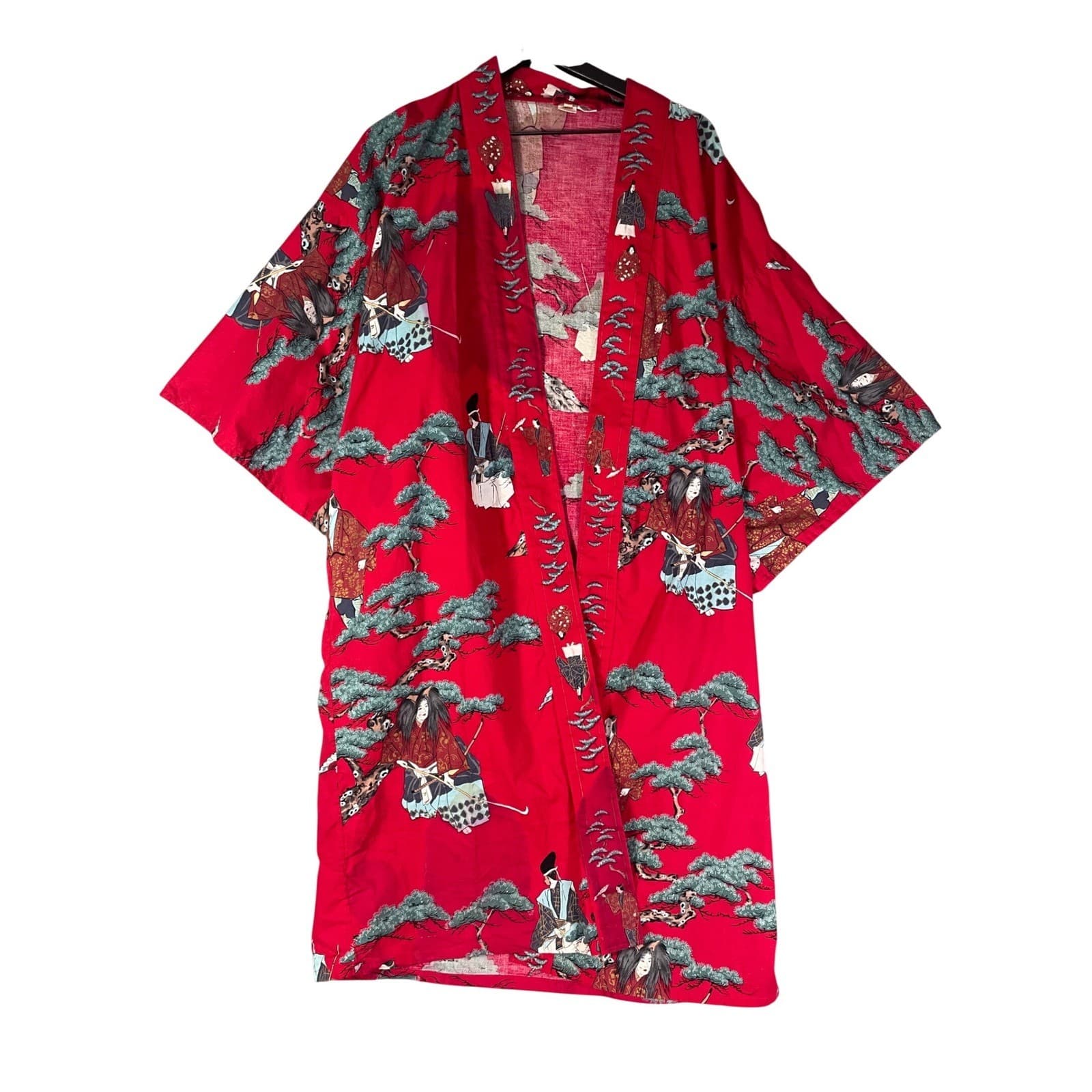 Vintage Japanese Kimono Robe Red Cotton Floral Crane Made in Japan Womens L - Thumbnail 3