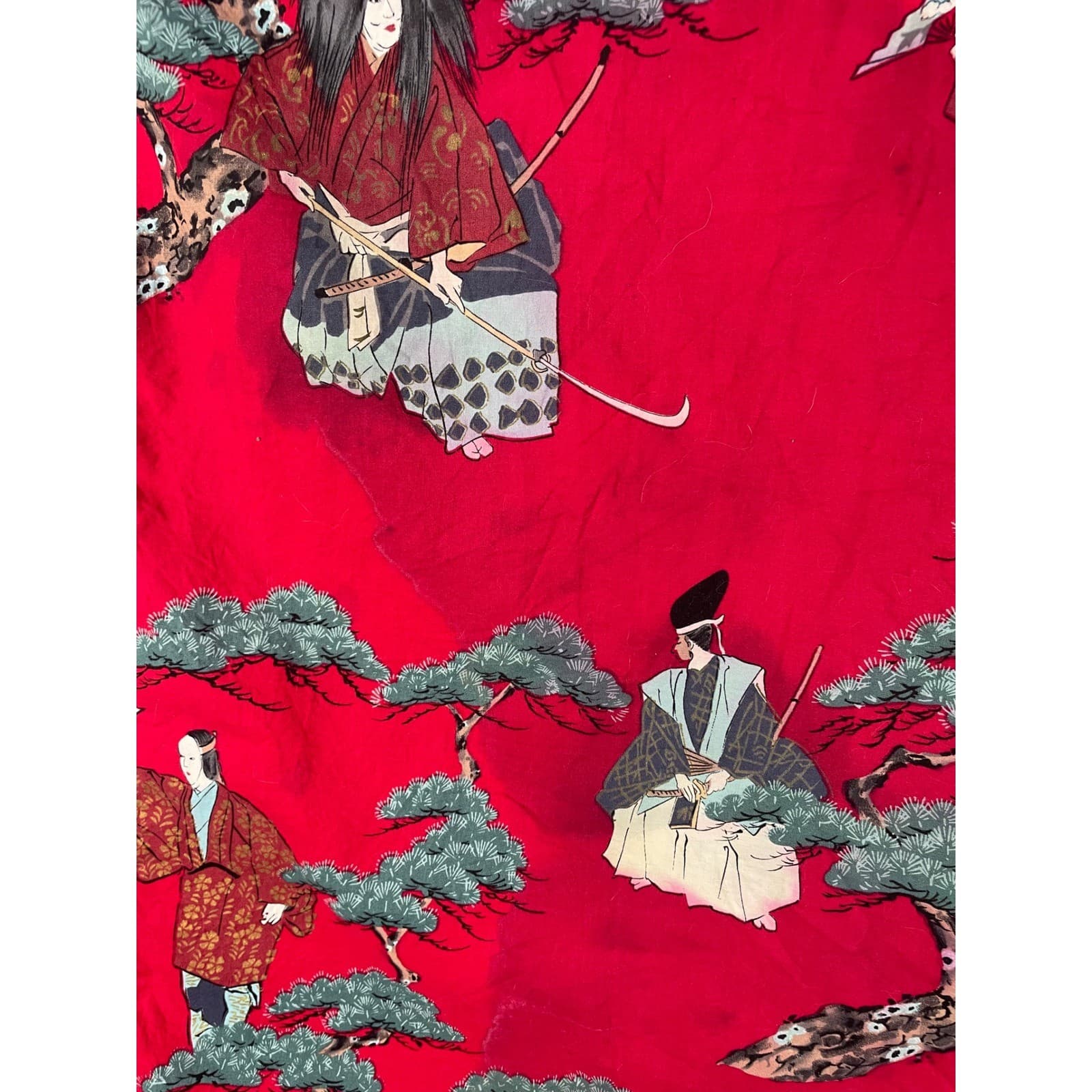Vintage Japanese Kimono Robe Red Cotton Floral Crane Made in Japan Womens L - Thumbnail 14