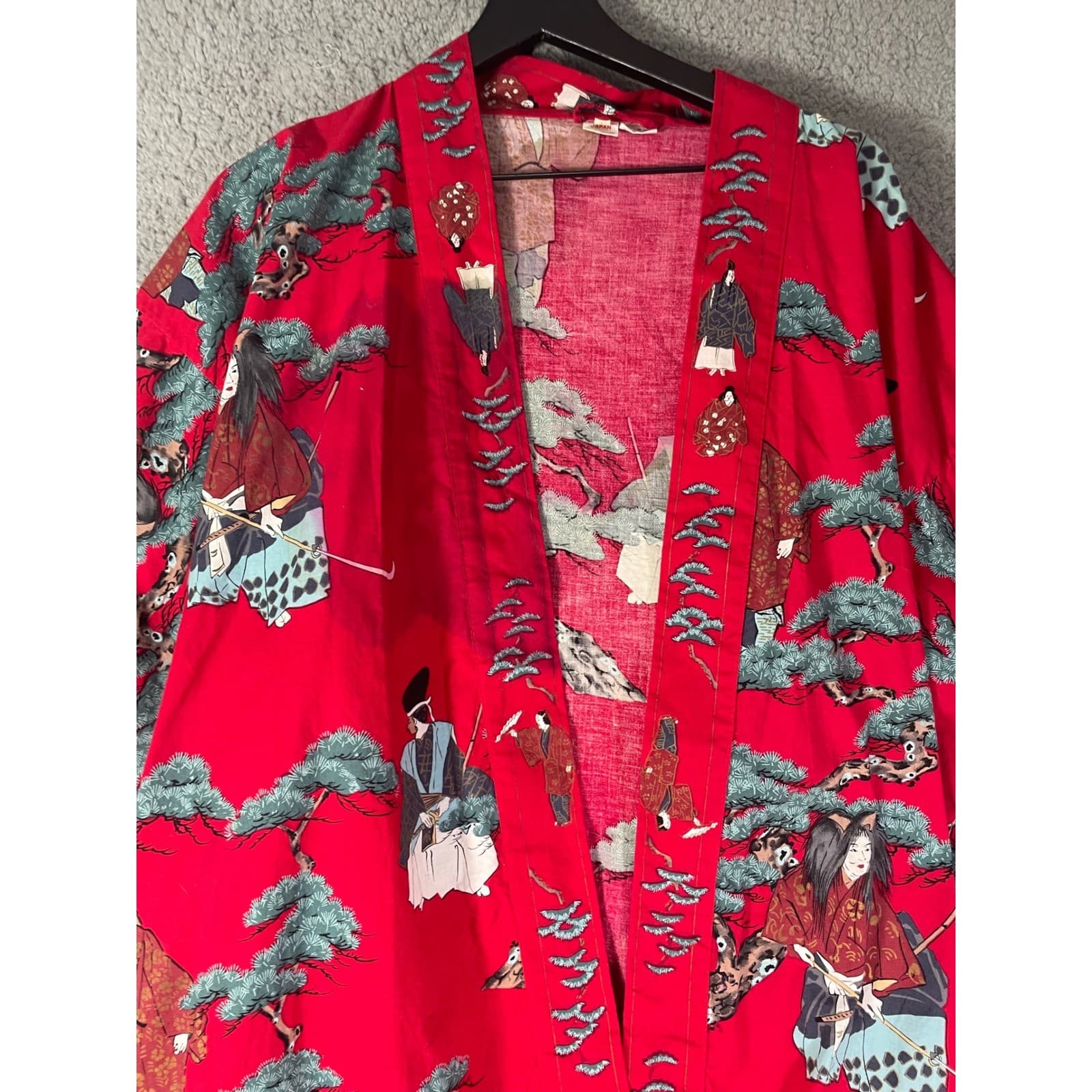 Vintage Japanese Kimono Robe Red Cotton Floral Crane Made in Japan Womens L - Thumbnail 11