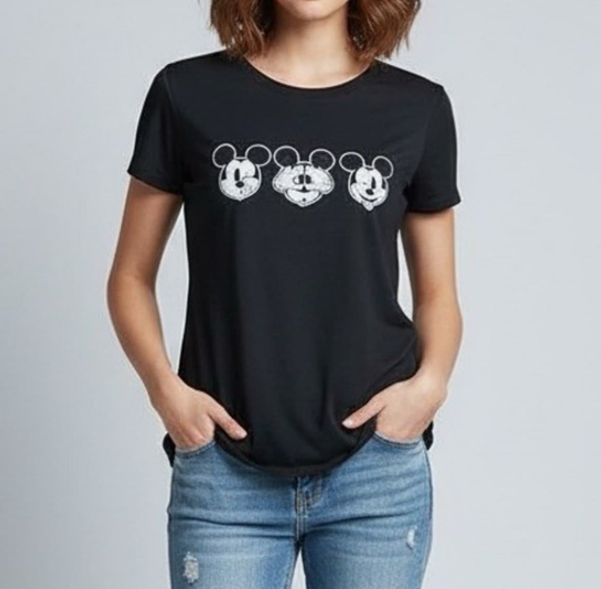 Disney Mickey Mouse Womens L Black T Shirt Silver Graphic Tee