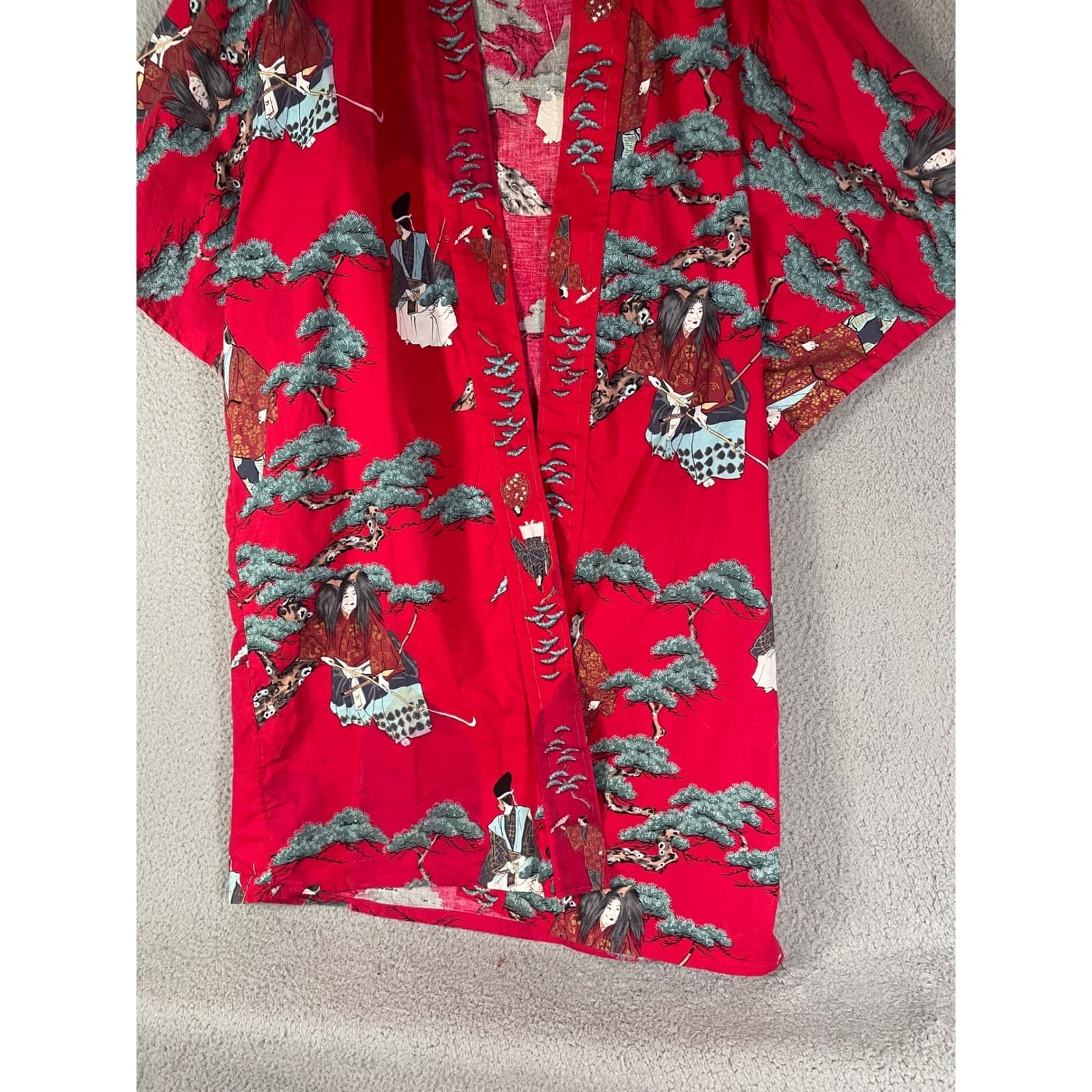 Vintage Japanese Kimono Robe Red Cotton Floral Crane Made in Japan Womens L - Thumbnail 10