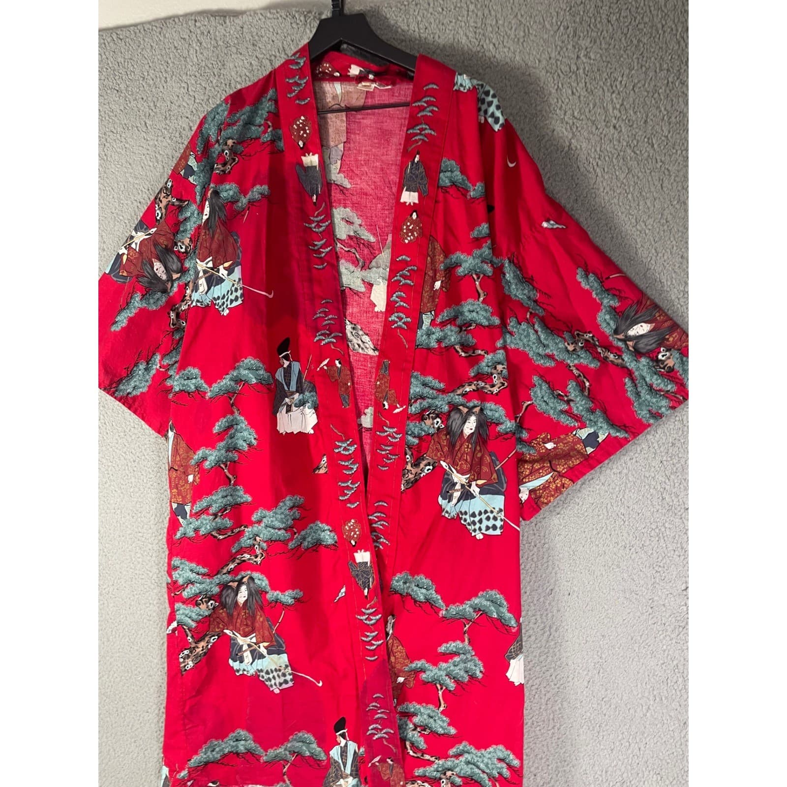 Vintage Japanese Kimono Robe Red Cotton Floral Crane Made in Japan Womens L - Thumbnail 8