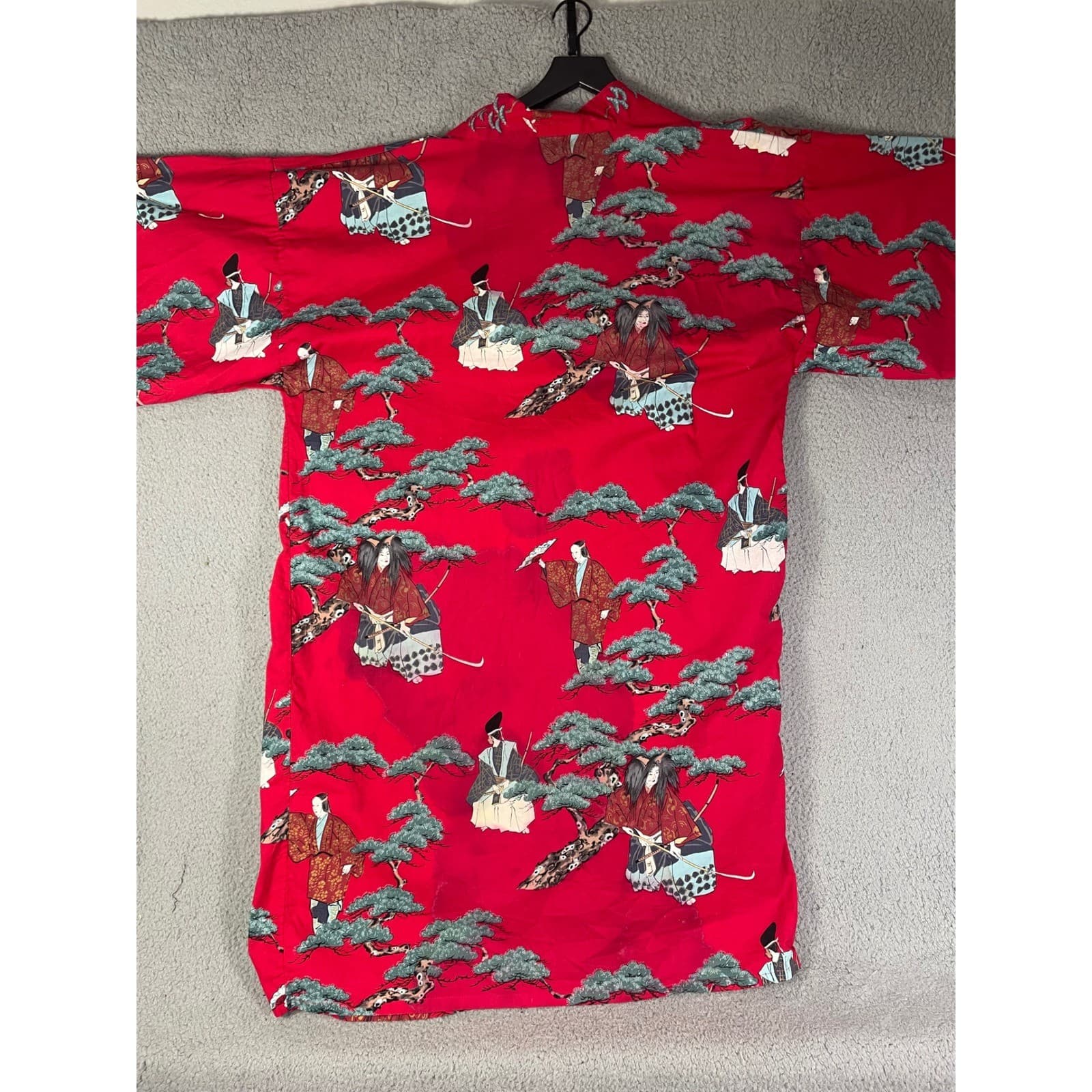 Vintage Japanese Kimono Robe Red Cotton Floral Crane Made in Japan Womens L - Thumbnail 9