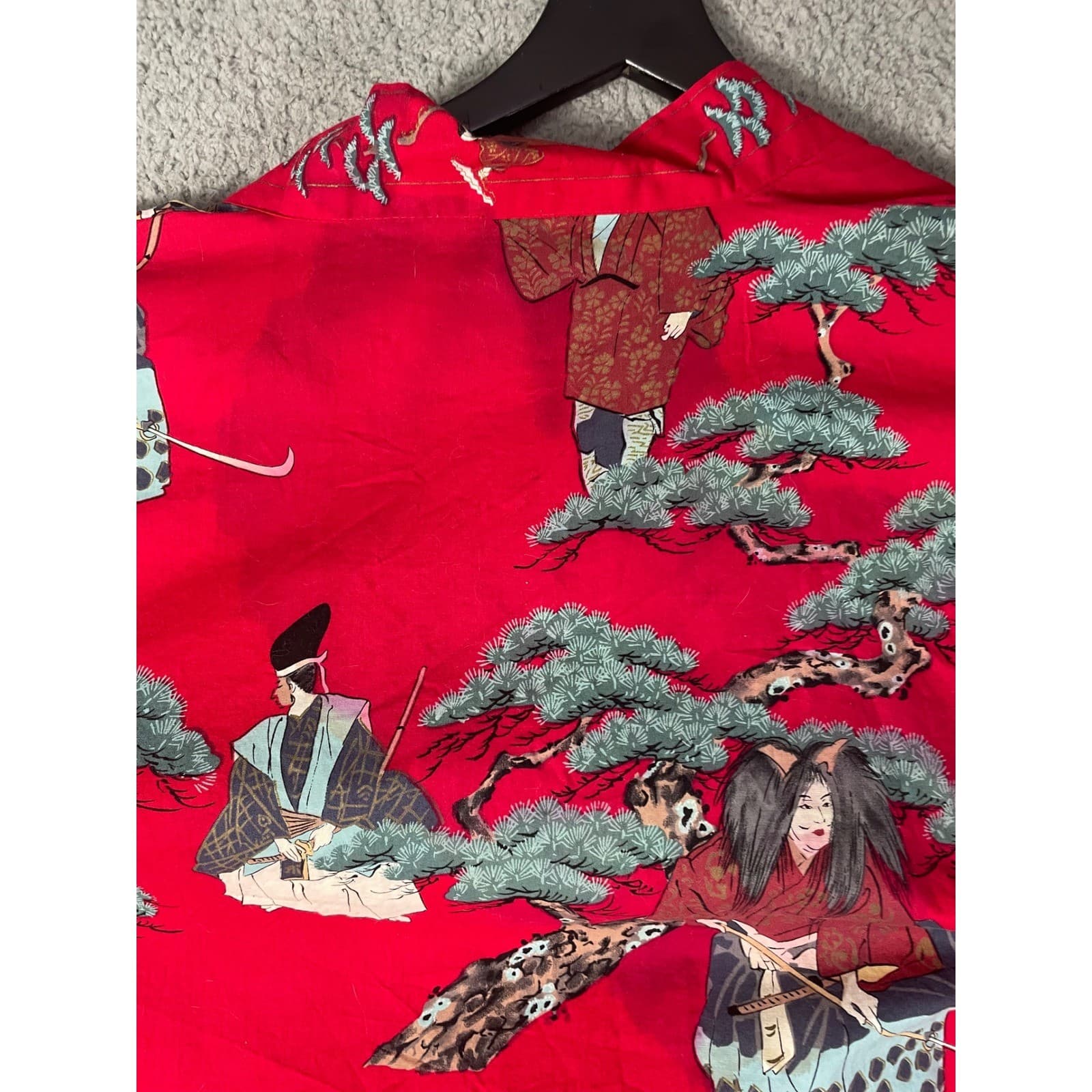 Vintage Japanese Kimono Robe Red Cotton Floral Crane Made in Japan Womens L - Thumbnail 15