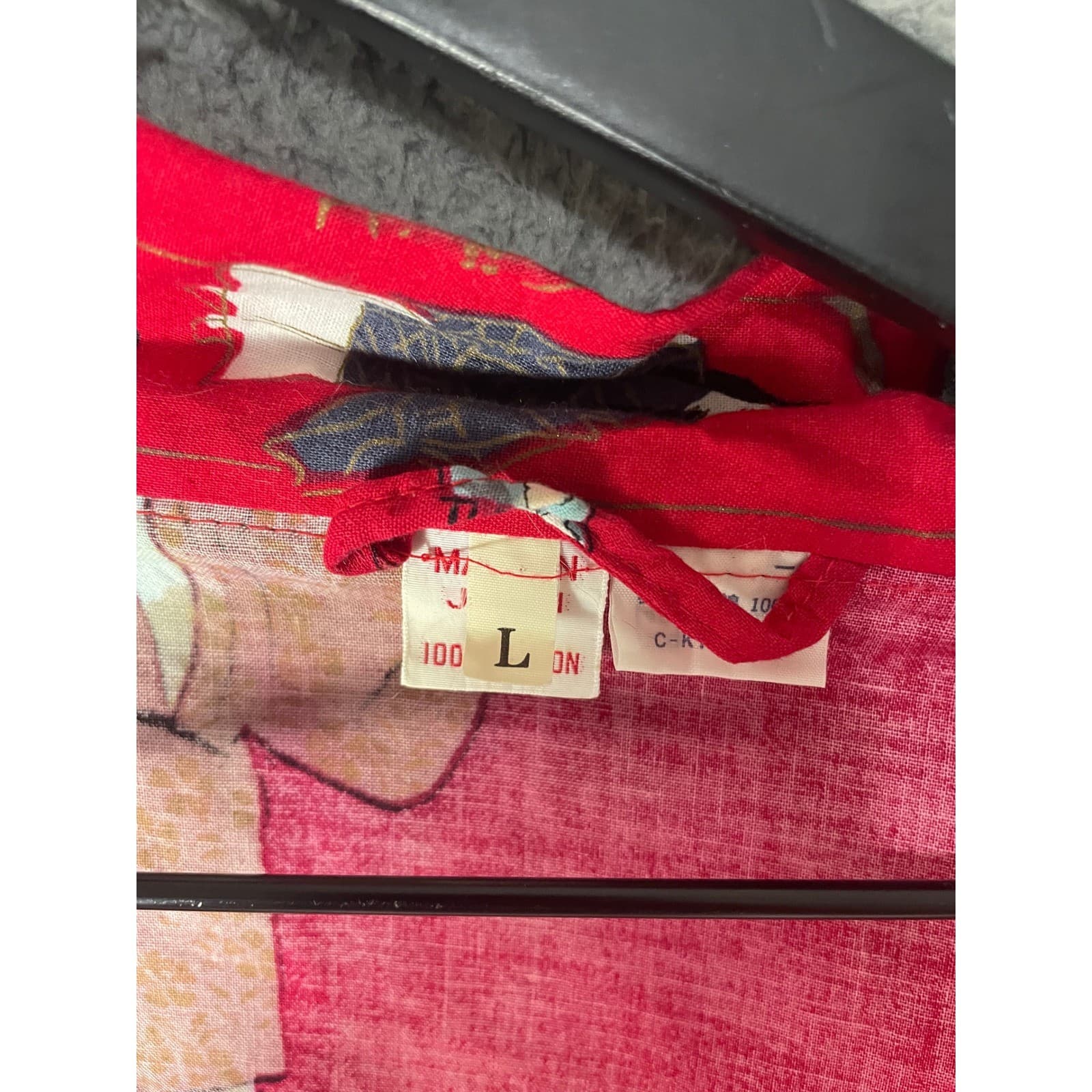 Vintage Japanese Kimono Robe Red Cotton Floral Crane Made in Japan Womens L - Thumbnail 7