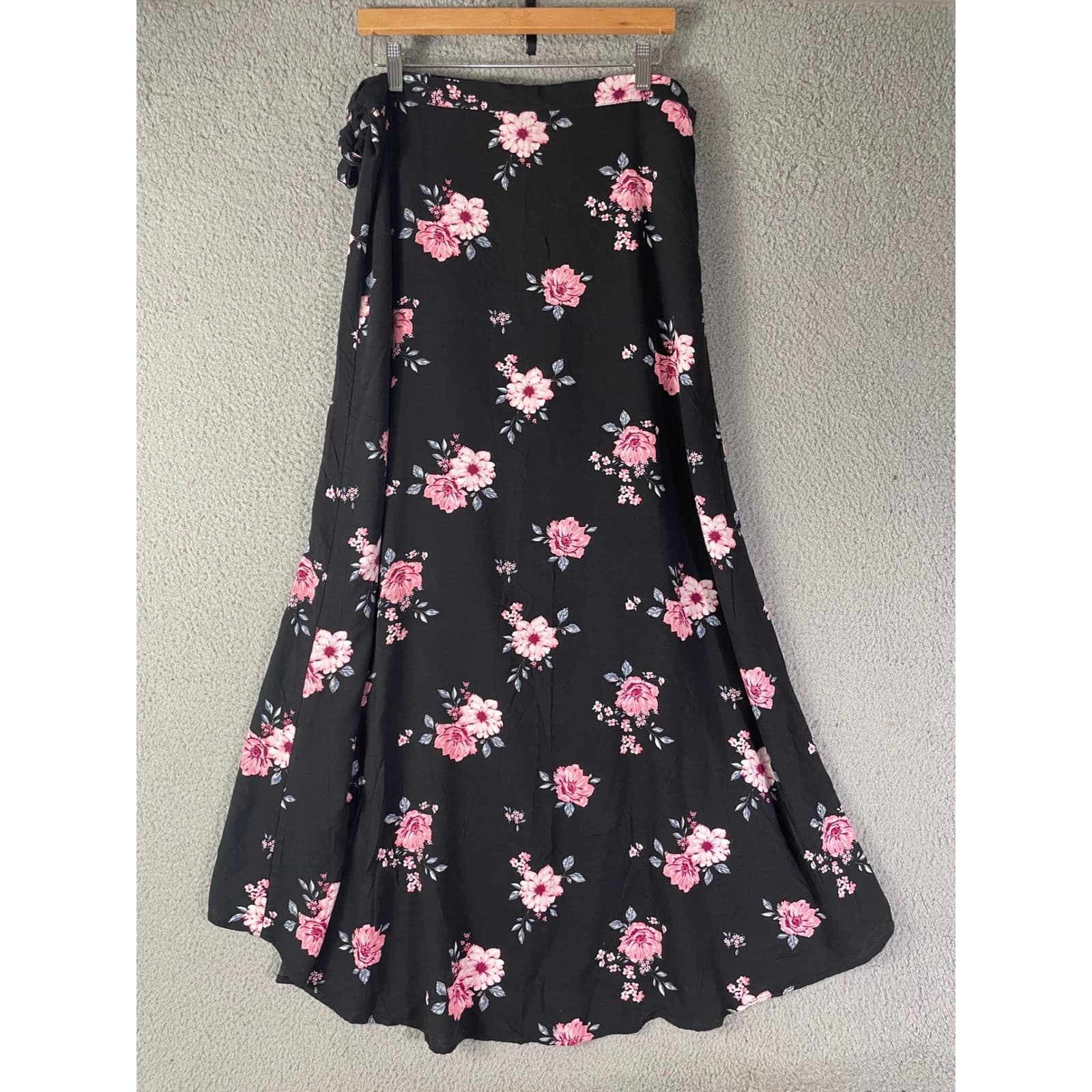 H&M Divided Floral Wrap Maxi Skirt Womens 16 Black Pink Boho High Low Ruffle - Thumbnail 8