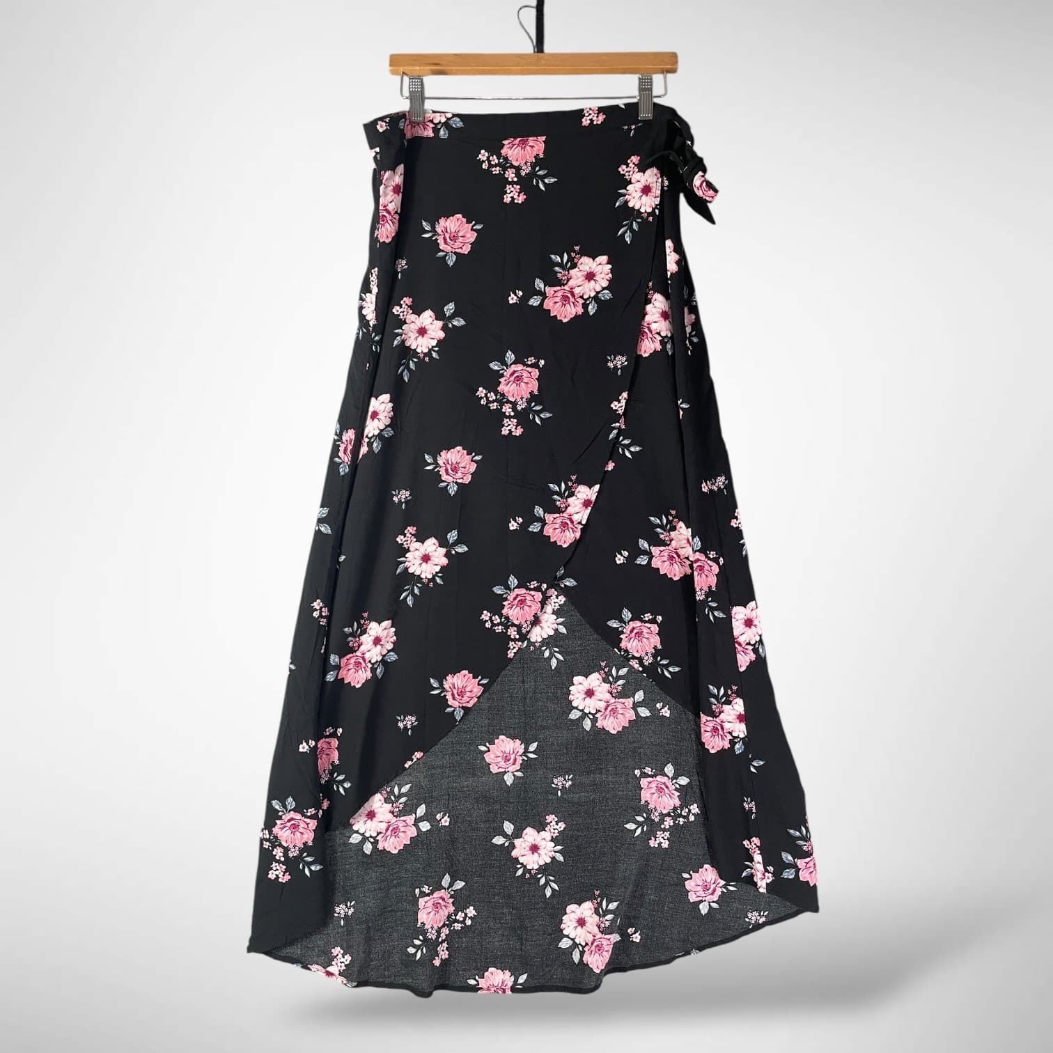 H&M Divided Floral Wrap Maxi Skirt Womens 16 Black Pink Boho High Low Ruffle - Thumbnail 2