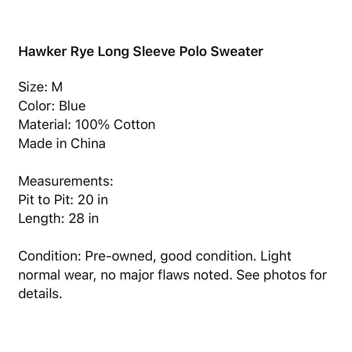 Hawker Rye Mens Medium Blue Long Sleeve Polo Shirt Cotton Knit Casual Top M - Thumbnail 2