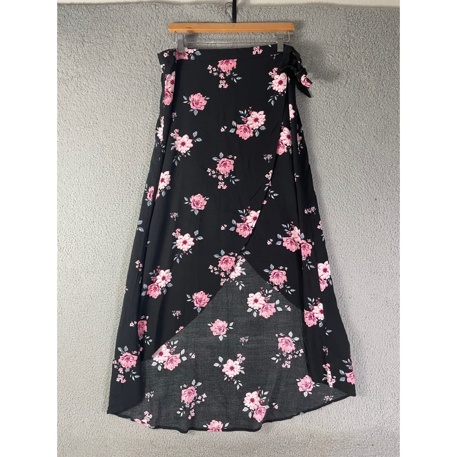 H&M Divided Floral Wrap Maxi Skirt Womens 16 Black Pink Boho High Low Ruffle - Thumbnail 6