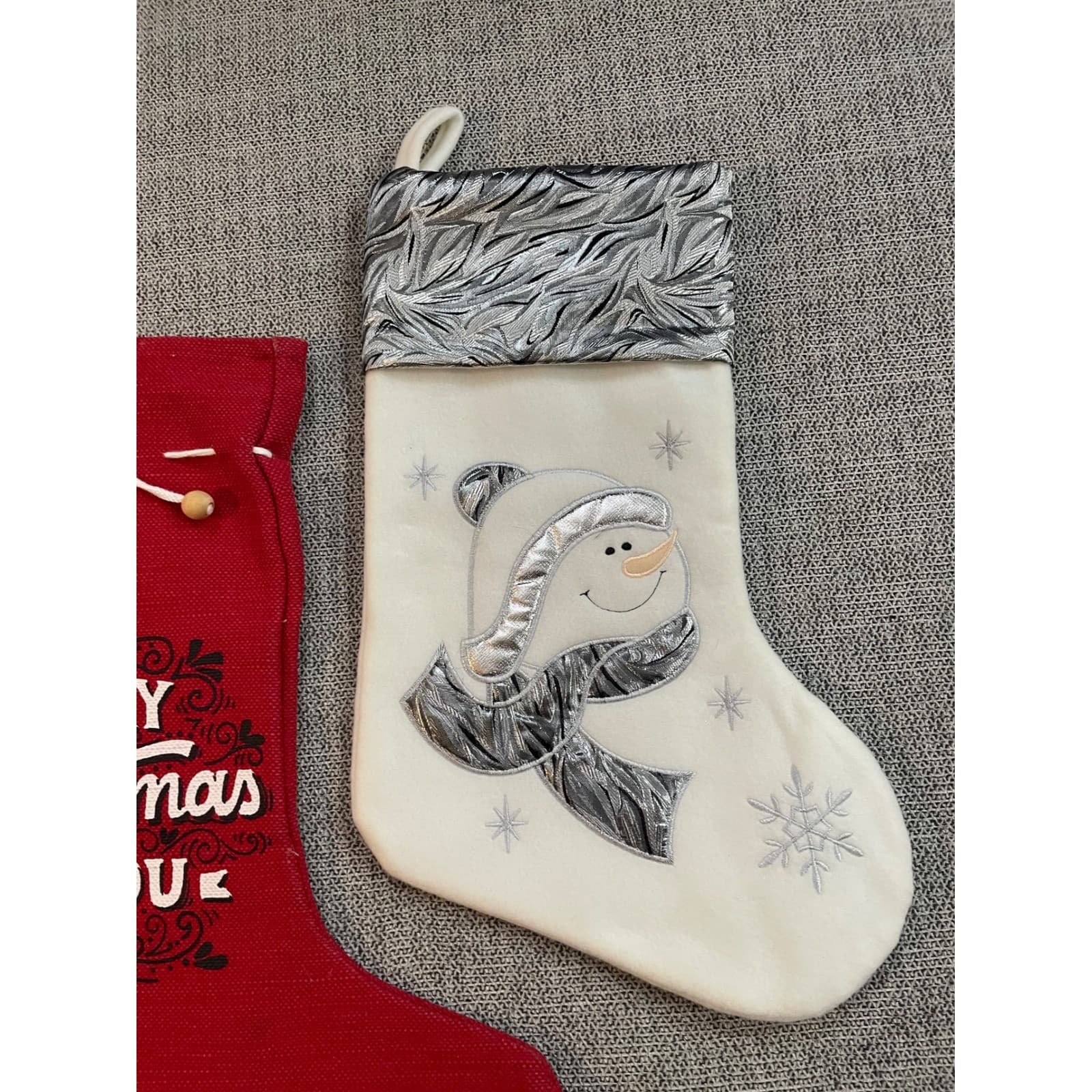 Set of 2 Christmas Stockings Red Merry Holiday Snowman Decor Hanging Fireplace - Thumbnail 5