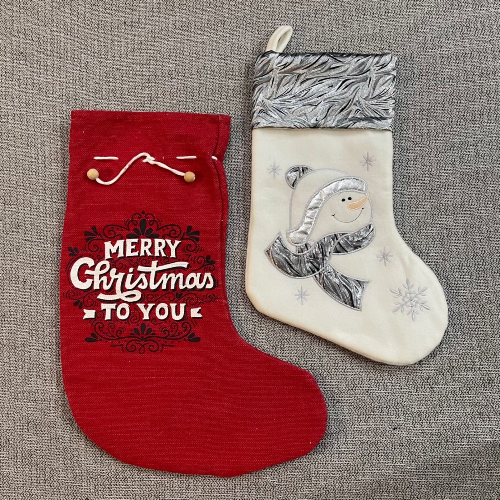 Set of 2 Christmas Stockings Red Merry Holiday Snowman Decor Hanging Fireplace - Thumbnail 3