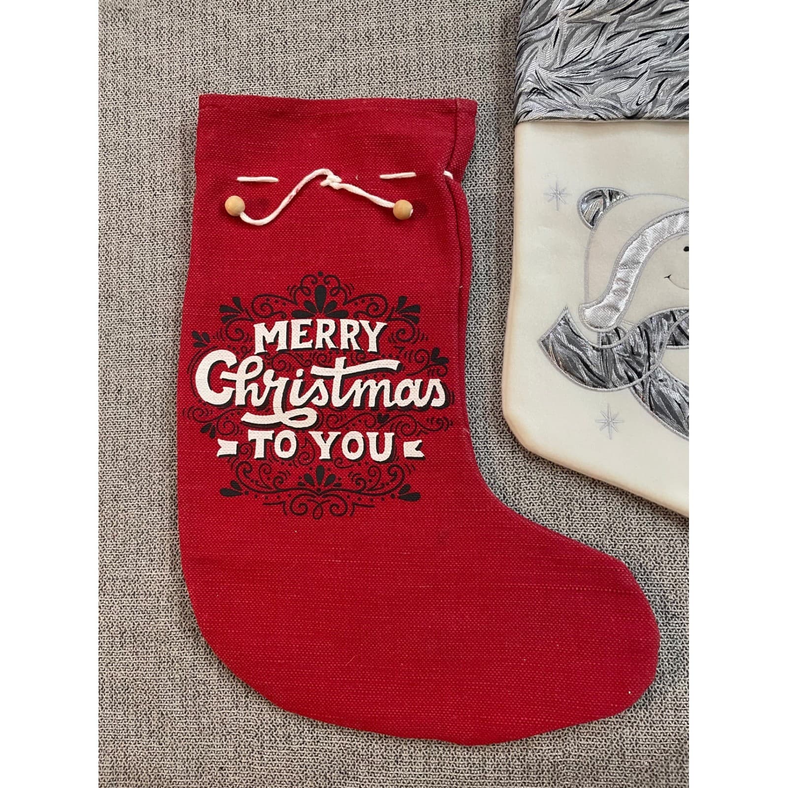 Set of 2 Christmas Stockings Red Merry Holiday Snowman Decor Hanging Fireplace - Thumbnail 4