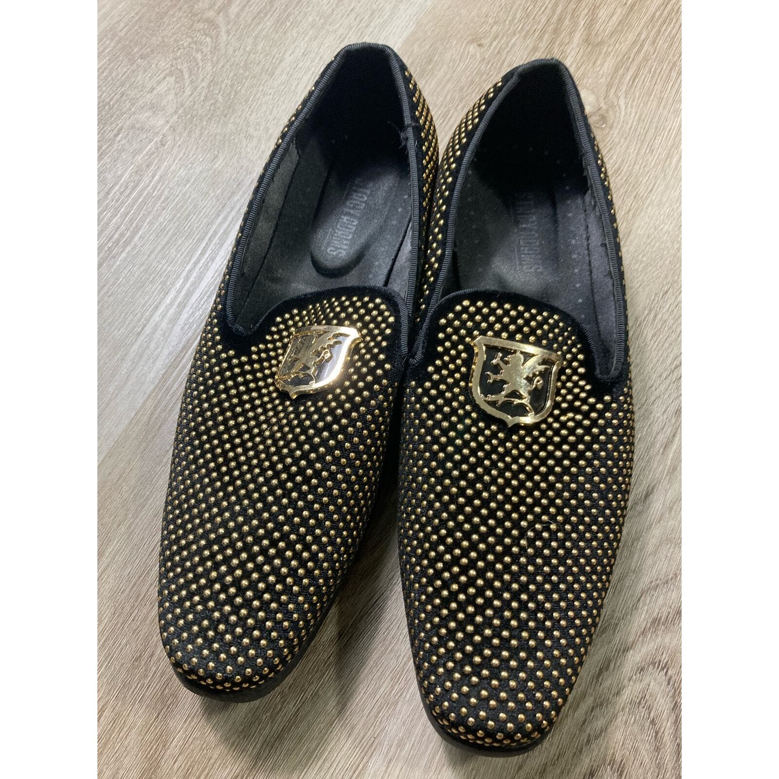 Stacy Adams Mens Swagger Studded Slip On Loafers Black Gold Dress Shoes Size 8.5 - Thumbnail 7