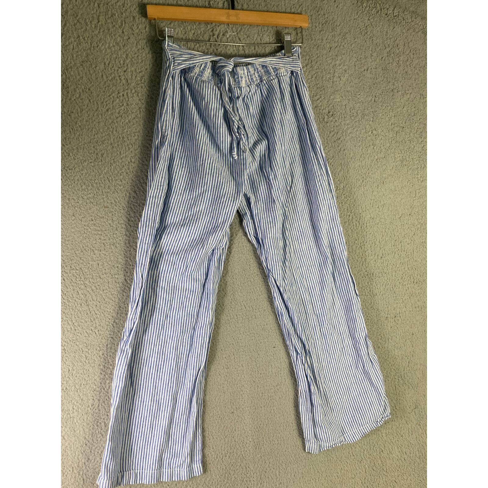 Women's Striped Wide Leg Palazzo Pants Blue Small Casual Beach Summer Bottoms - Thumbnail 2