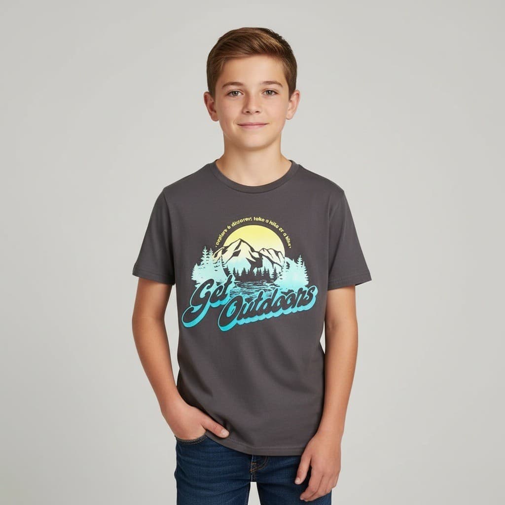 Boys Gray Graphic Print T-Shirt Youth Large 14 Adventure Outdoor Casual Tee - Thumbnail 2