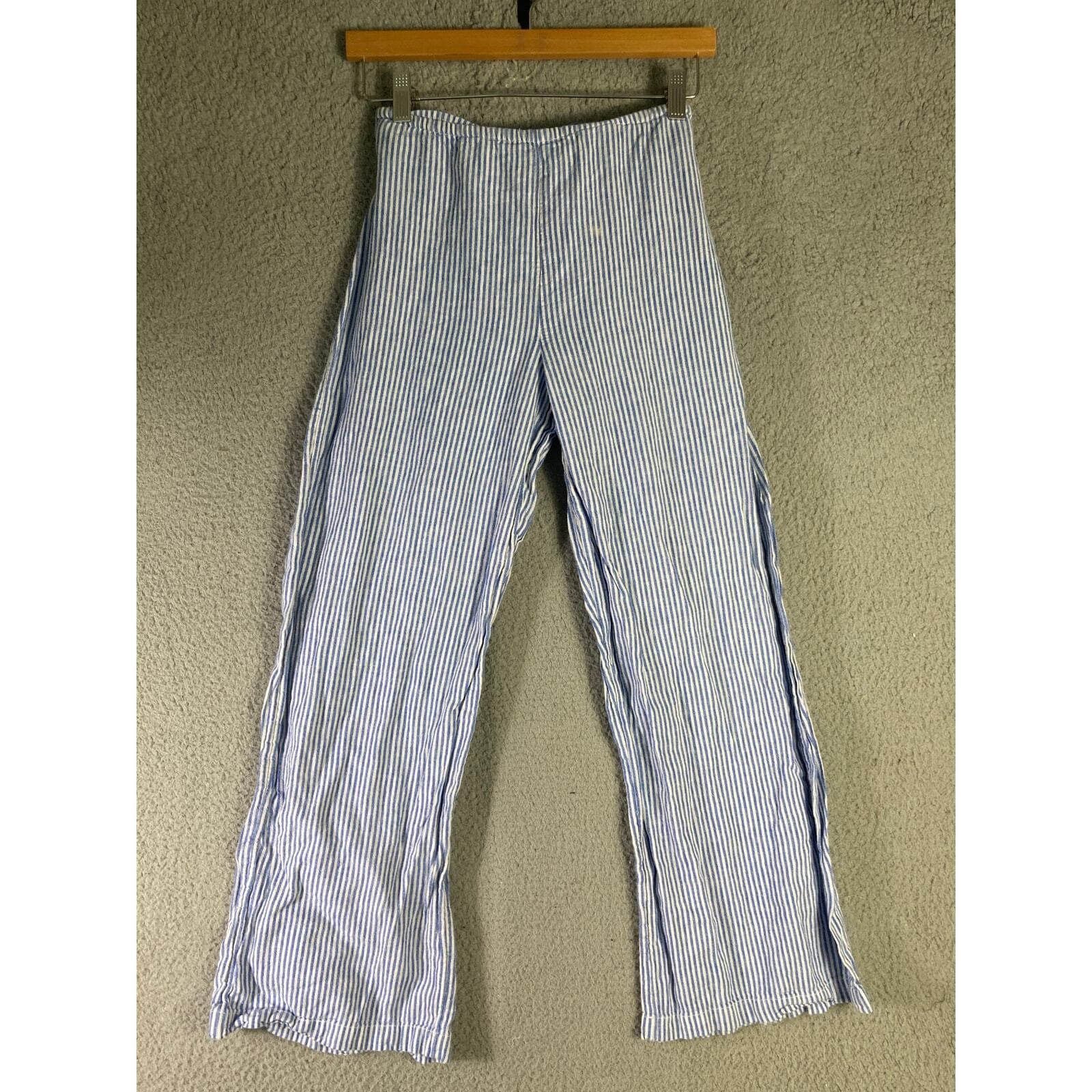 Women's Striped Wide Leg Palazzo Pants Blue Small Casual Beach Summer Bottoms - Thumbnail 3