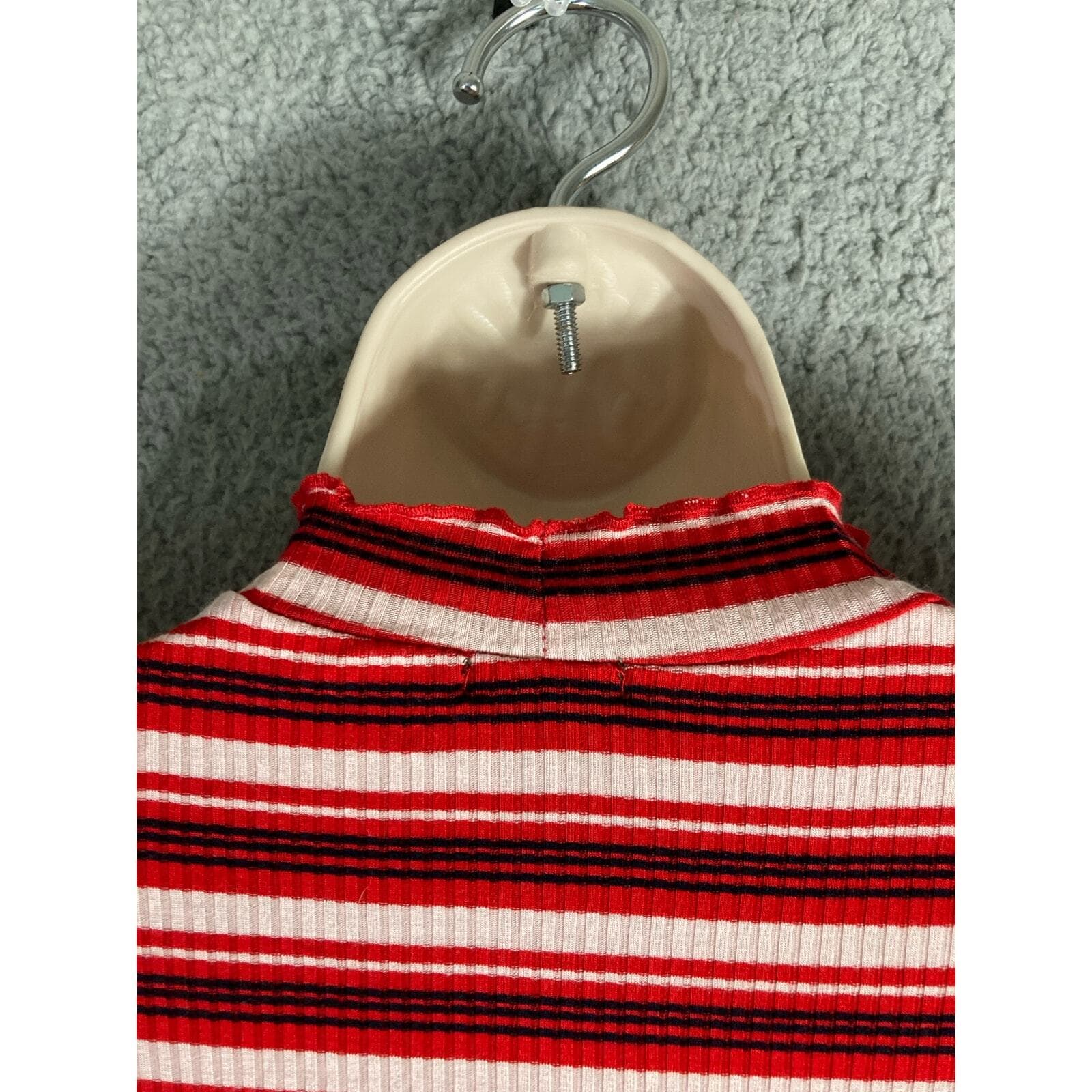 Women's Striped Ribbed Mock Neck Shirt Dress Red White Stretch Large Bodycon - Thumbnail 12