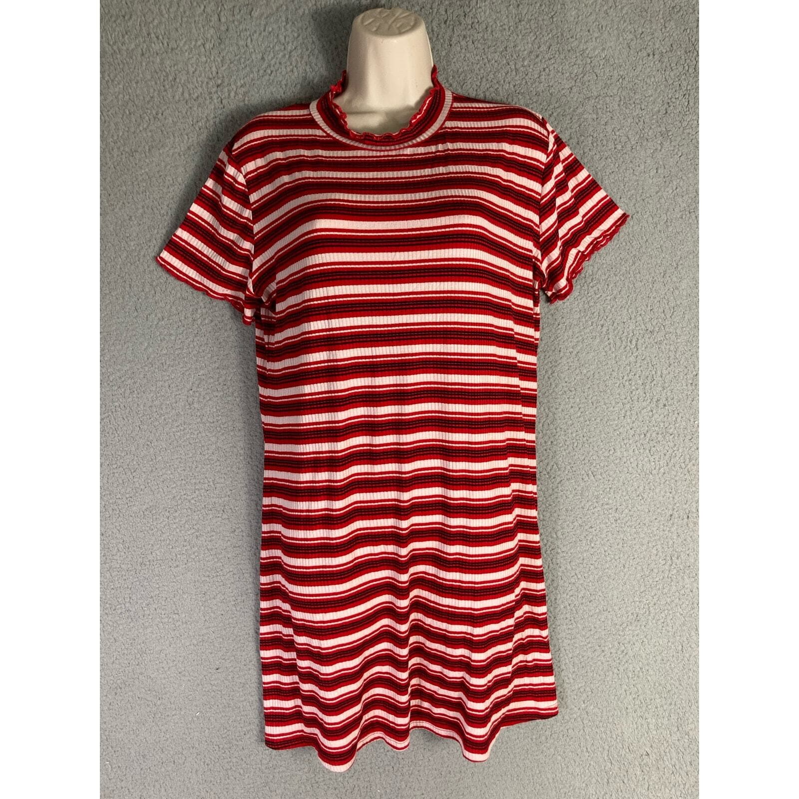 Women's Striped Ribbed Mock Neck Shirt Dress Red White Stretch Large Bodycon - Thumbnail 3