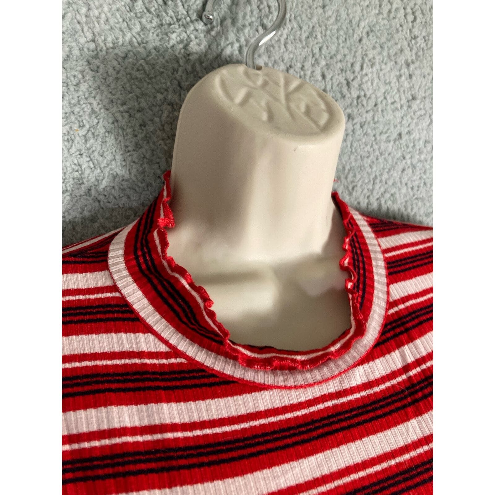 Women's Striped Ribbed Mock Neck Shirt Dress Red White Stretch Large Bodycon - Thumbnail 4