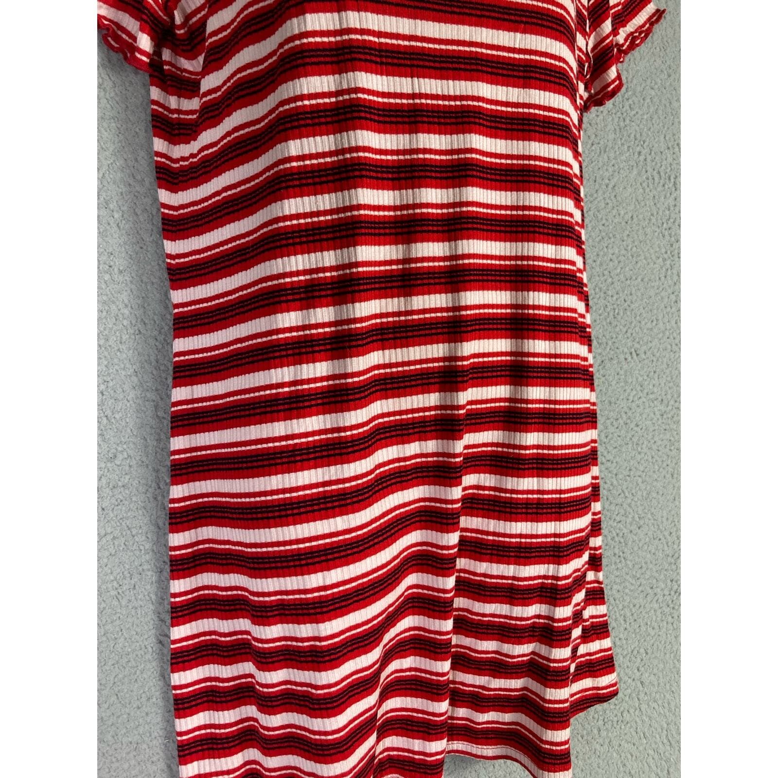 Women's Striped Ribbed Mock Neck Shirt Dress Red White Stretch Large Bodycon - Thumbnail 9