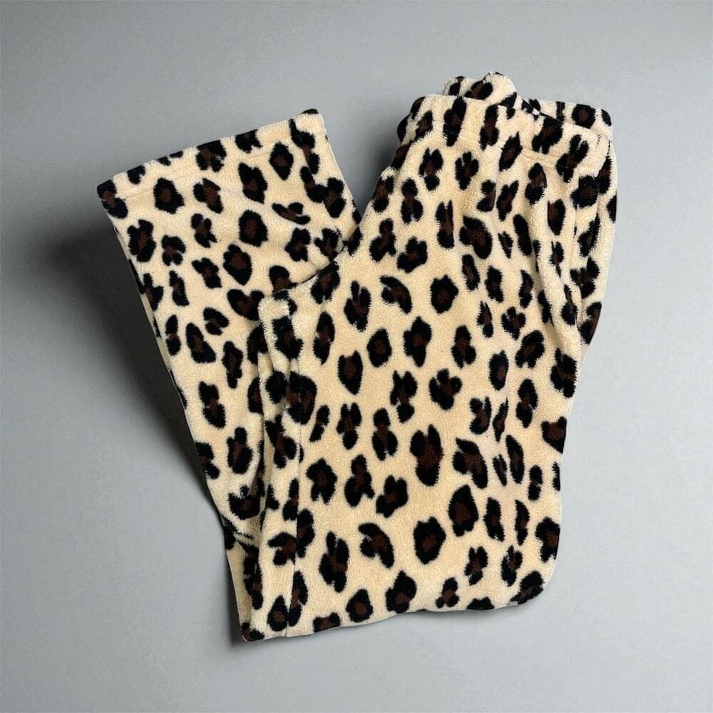 Women's Leopard Print Fleece Pajama Pants Cozy Soft Animal Print Sleepwear PJ - Thumbnail 2