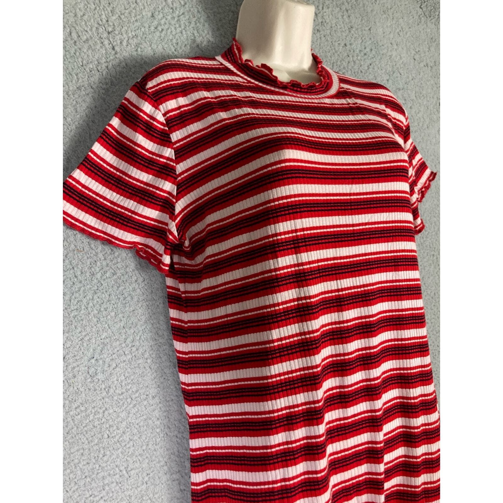 Women's Striped Ribbed Mock Neck Shirt Dress Red White Stretch Large Bodycon - Thumbnail 7