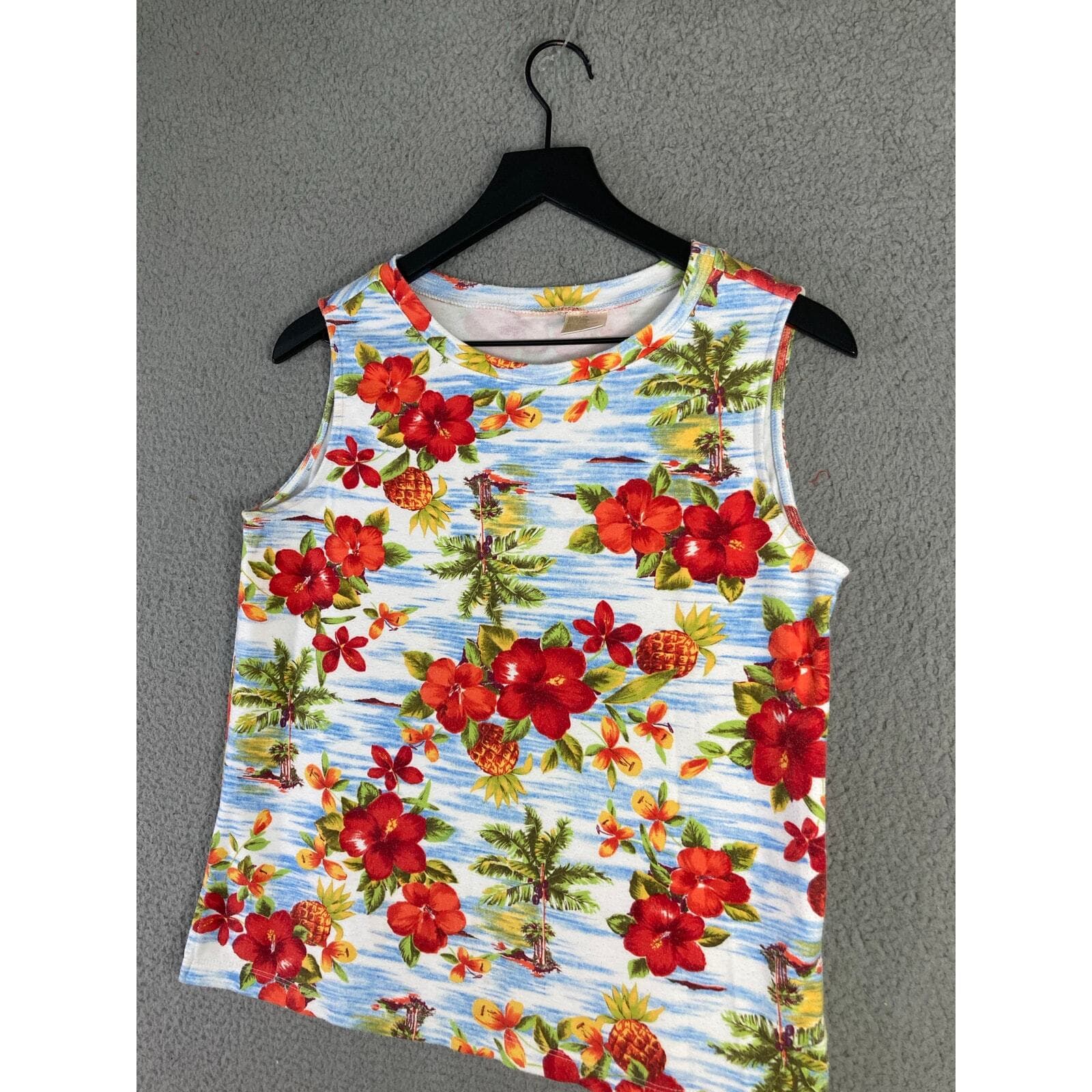 Hawaiian Floral Tank Top Womens Medium Sleeveless Tropical Beach Shirt - Thumbnail 9