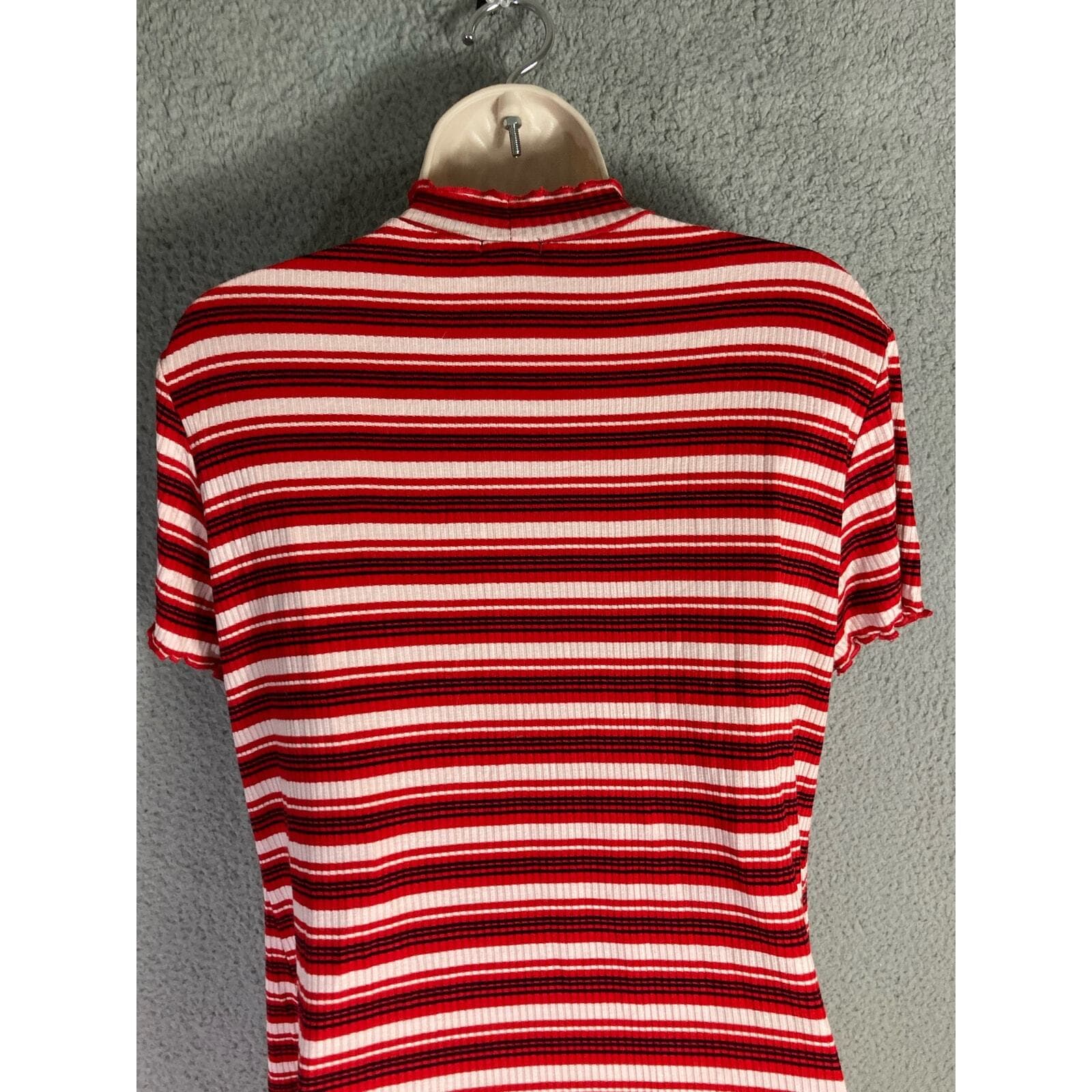Women's Striped Ribbed Mock Neck Shirt Dress Red White Stretch Large Bodycon - Thumbnail 11