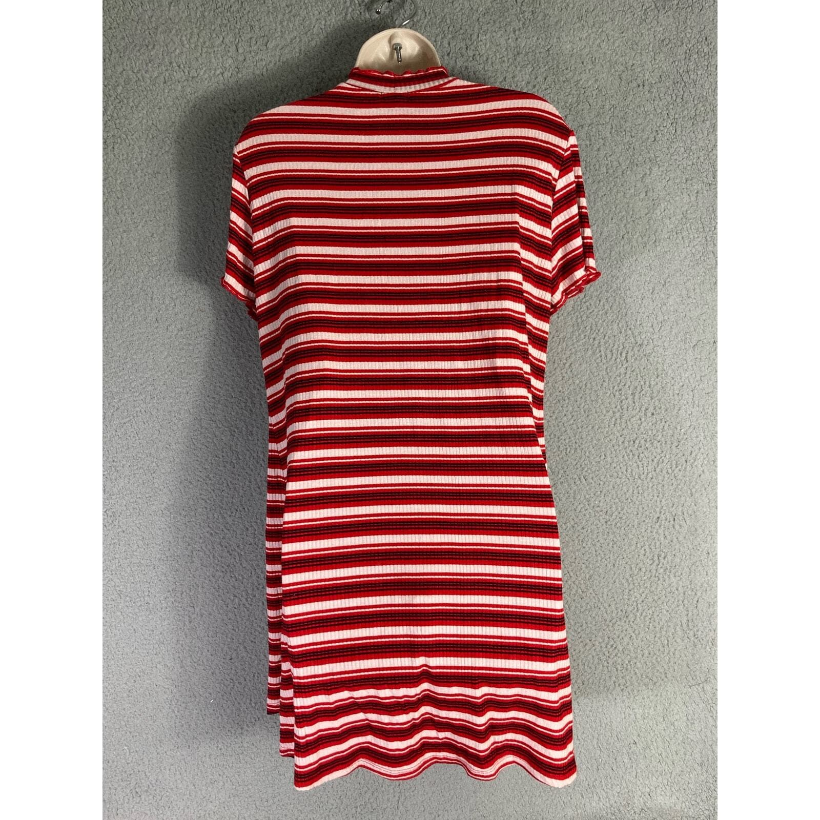 Women's Striped Ribbed Mock Neck Shirt Dress Red White Stretch Large Bodycon - Thumbnail 10
