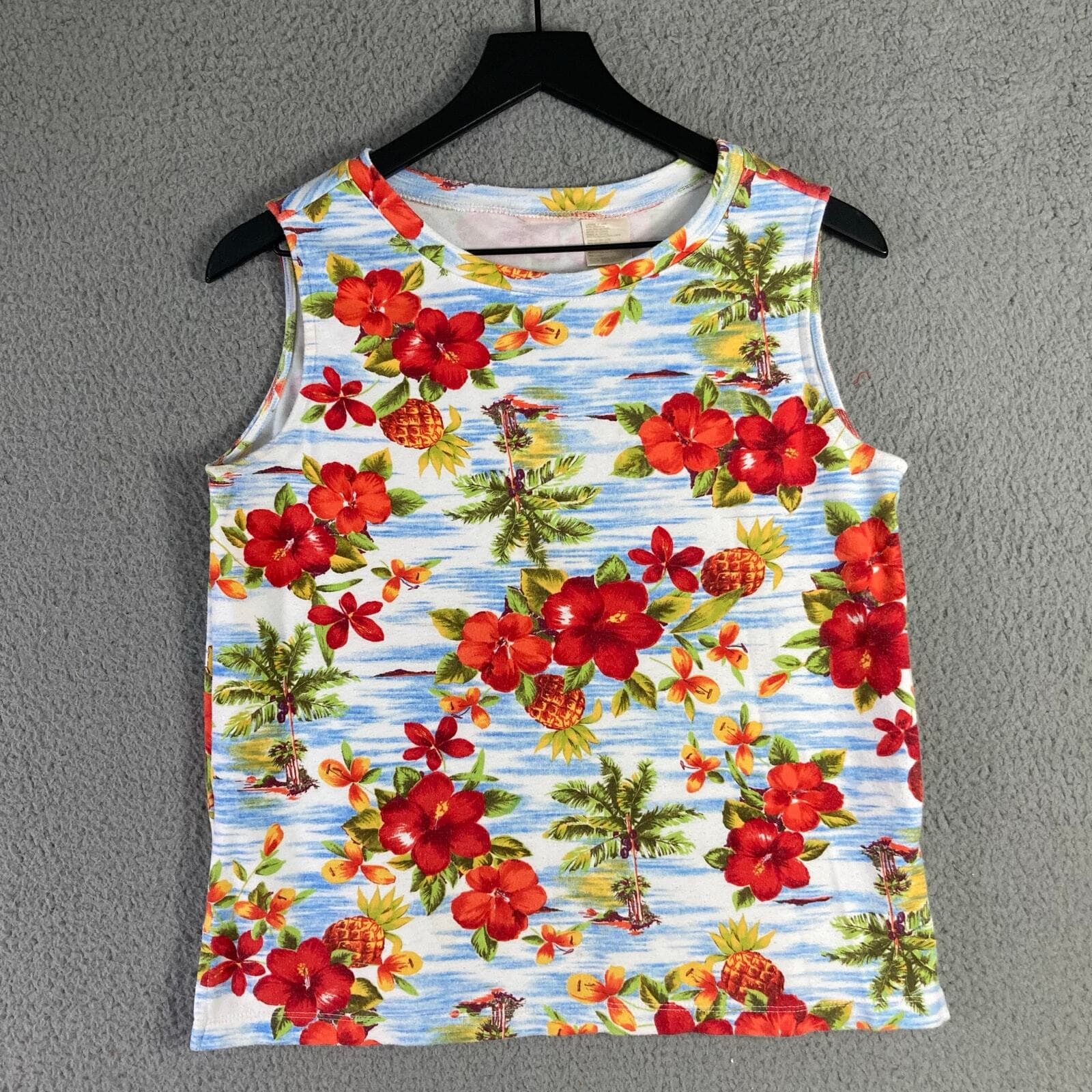 Hawaiian Floral Tank Top Womens Medium Sleeveless Tropical Beach Shirt - Thumbnail 6