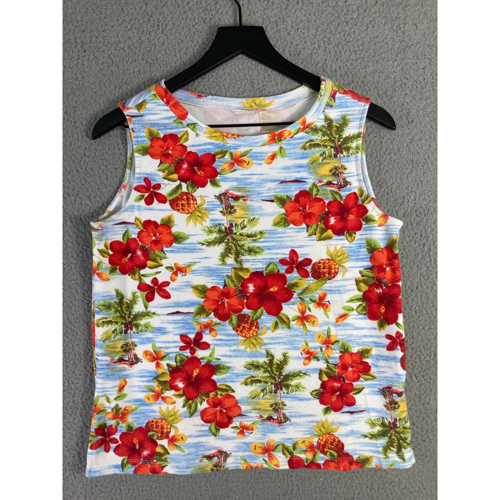 Hawaiian Floral Tank Top Womens Medium Sleeveless Tropical Beach Shirt - Thumbnail 3