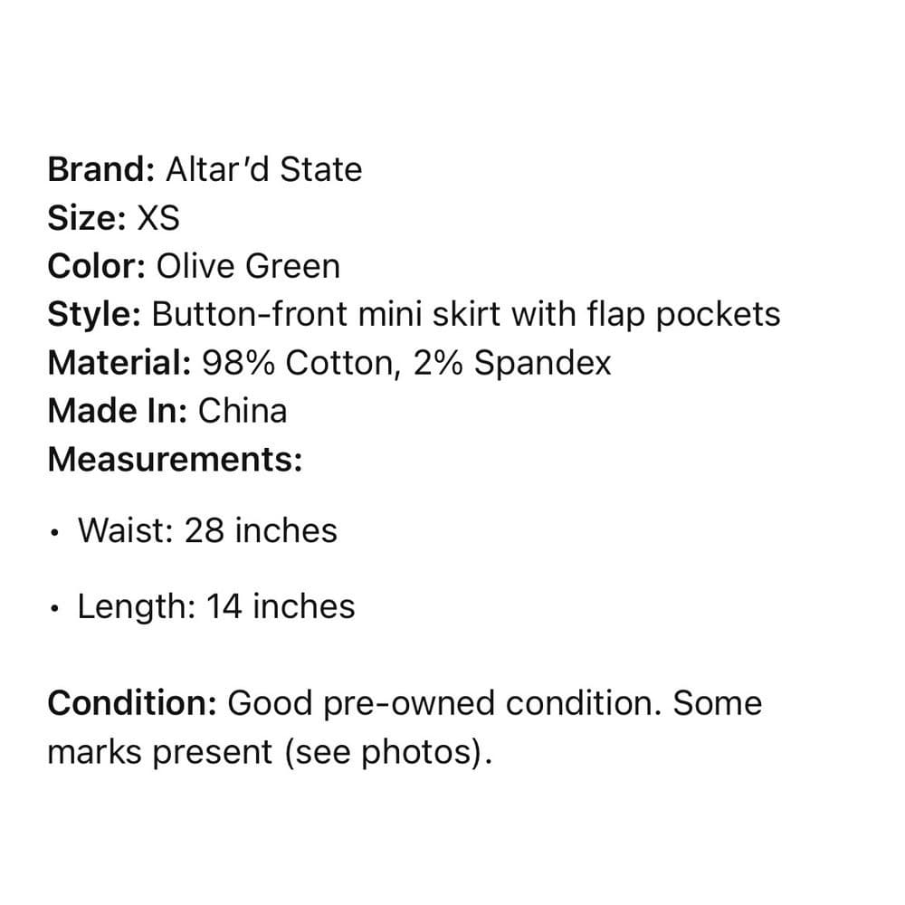 Altar'd State Olive Green Button Front Cargo Mini Skirt XS Stretch Pockets - Thumbnail 3