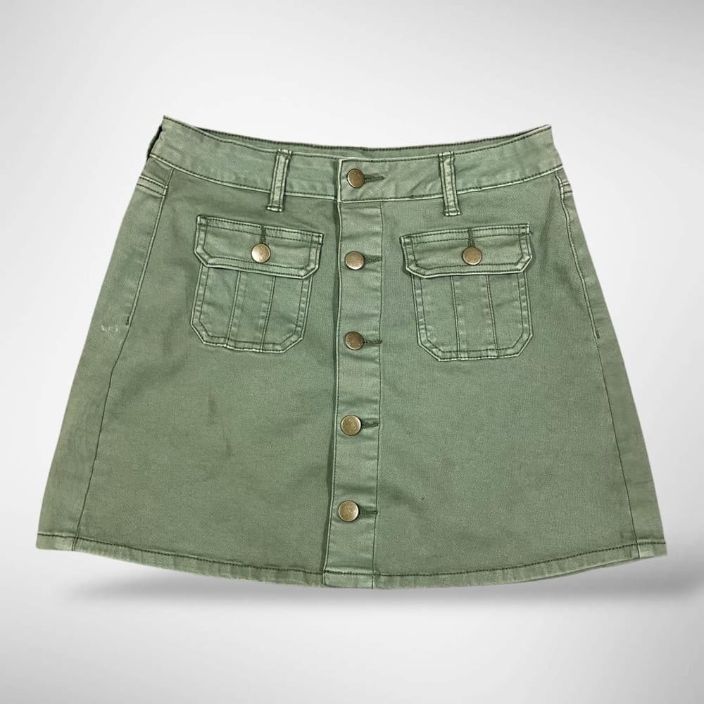 Altar'd State Olive Green Button Front Cargo Mini Skirt XS Stretch Pockets - Thumbnail 2