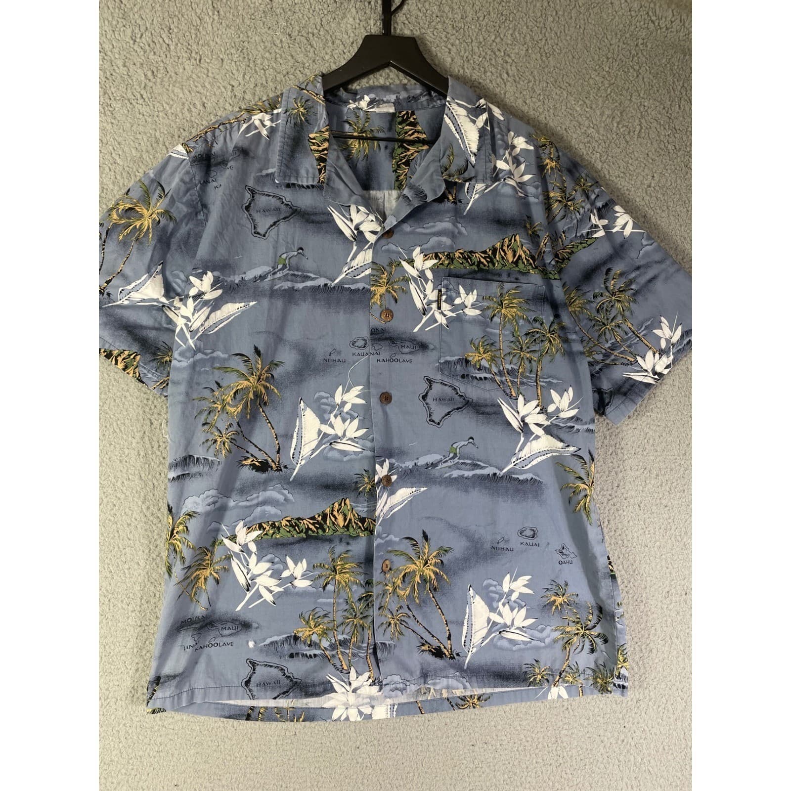 Hawaiian Aloha Shirt Mens Large Blue Tropical Palm Island Button Up Casual - Thumbnail 4