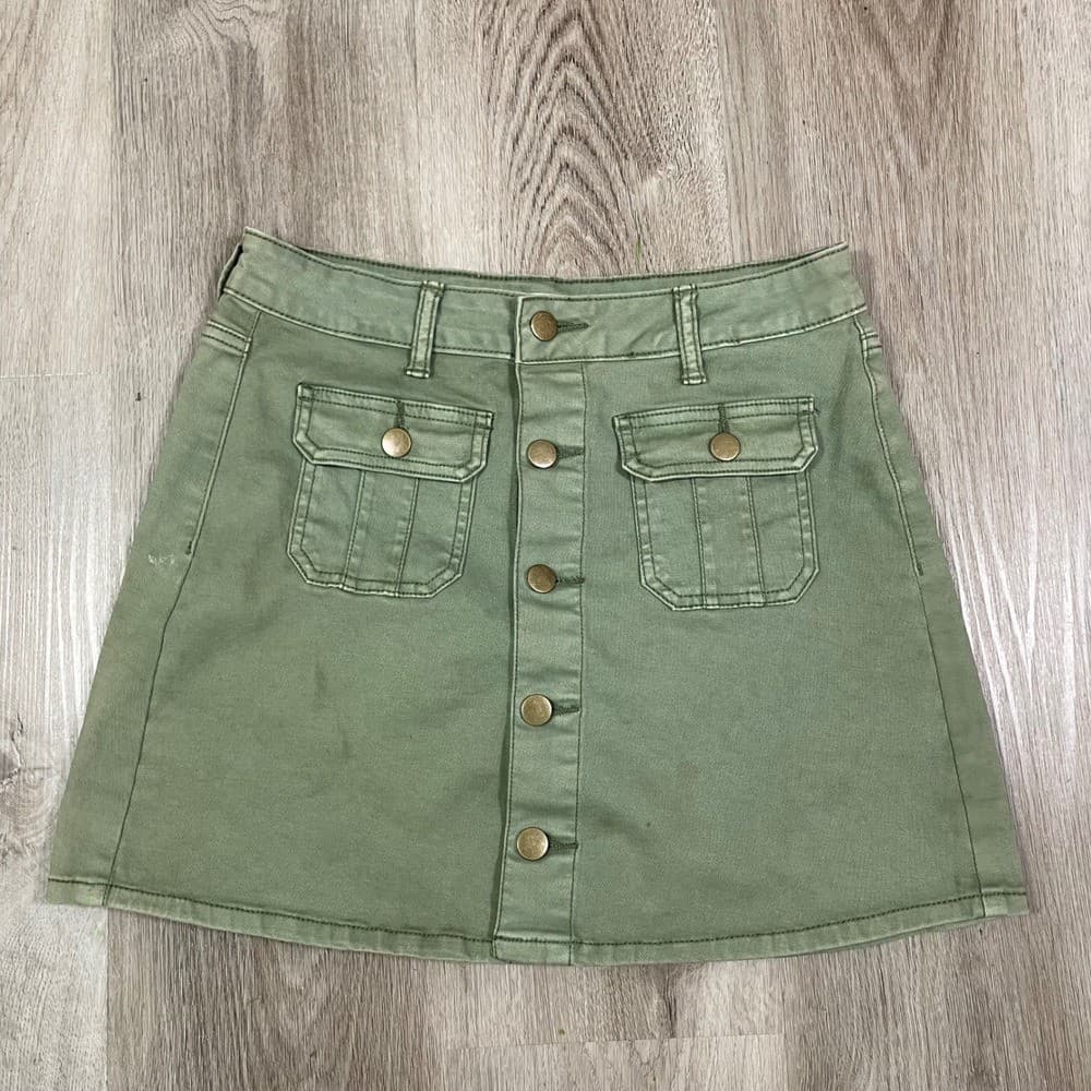 Altar'd State Olive Green Button Front Cargo Mini Skirt XS Stretch Pockets - Thumbnail 6