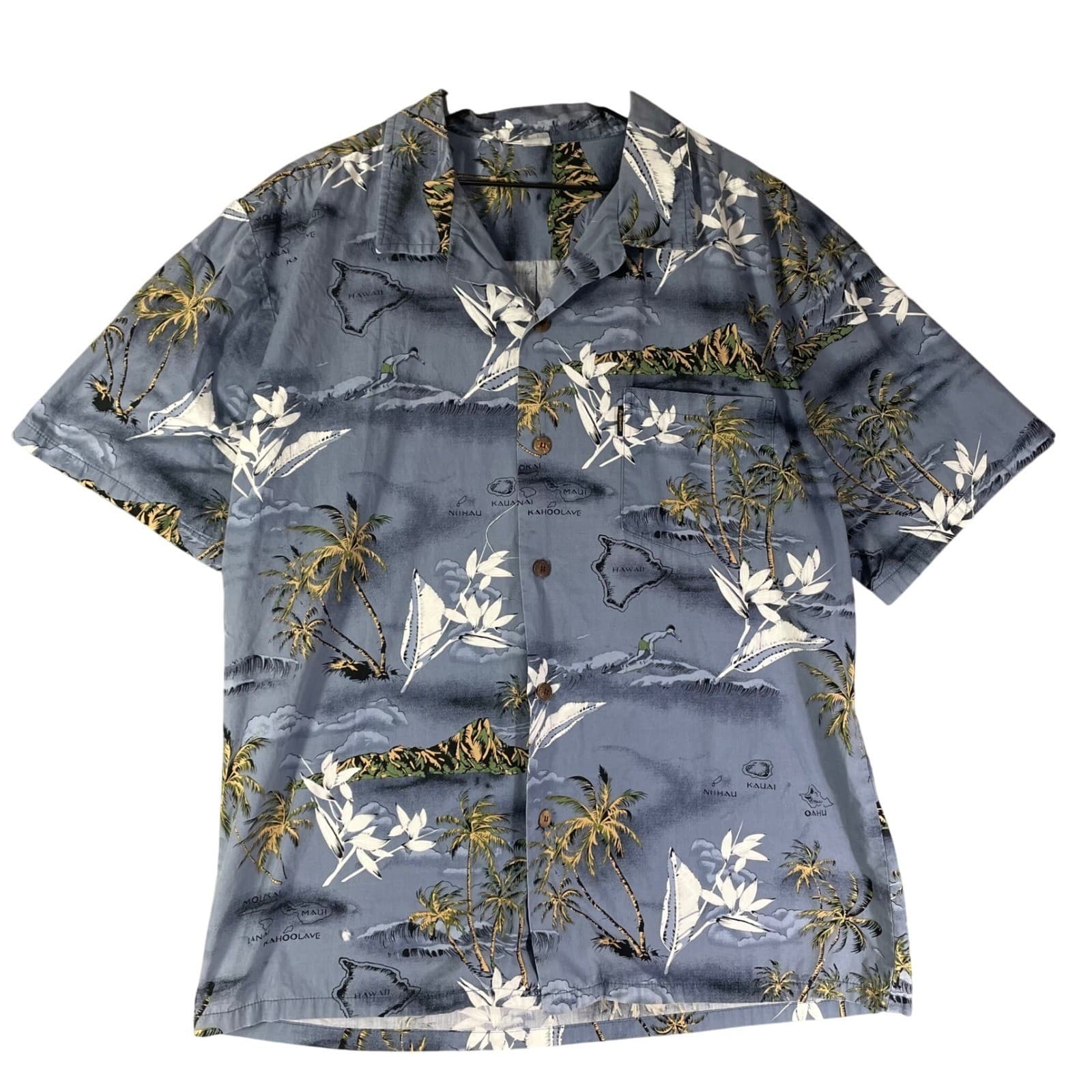 Hawaiian Aloha Shirt Mens Large Blue Tropical Palm Island Button Up Casual - Thumbnail 3