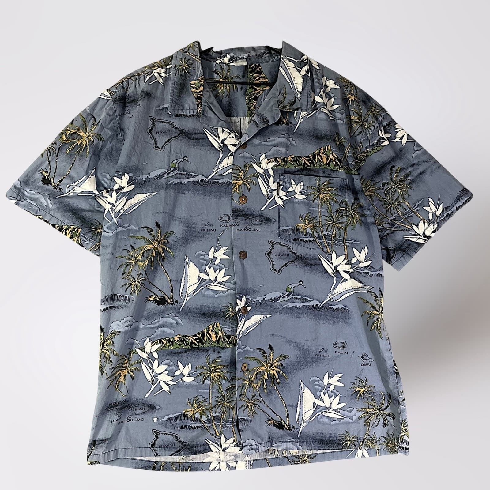 Hawaiian Aloha Shirt Mens Large Blue Tropical Palm Island Button Up Casual - Thumbnail 2