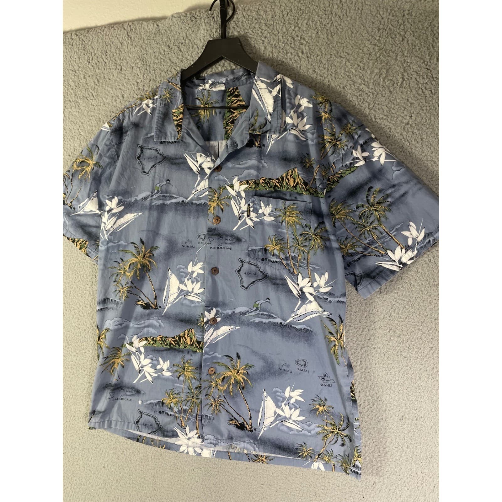 Hawaiian Aloha Shirt Mens Large Blue Tropical Palm Island Button Up Casual - Thumbnail 5