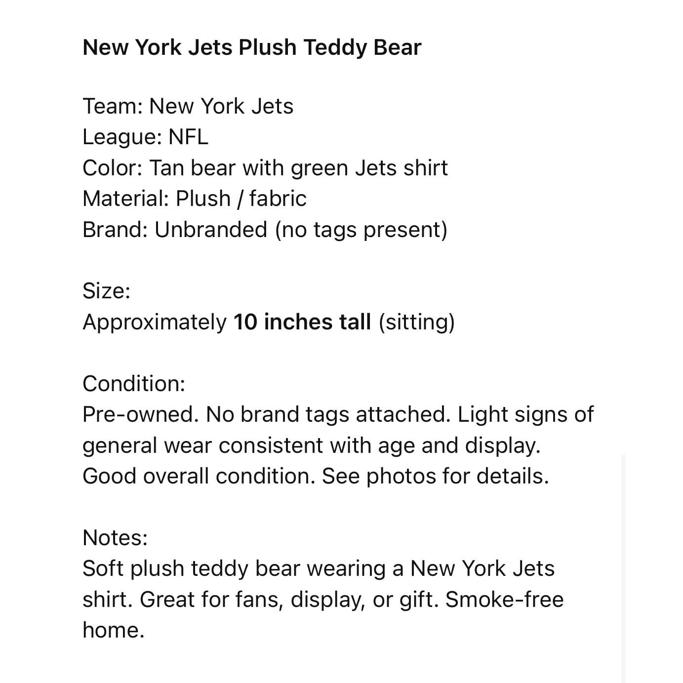 New York Jets Teddy Bear Plush 10in NFL Stuffed Animal Green Football Gift - Thumbnail 2