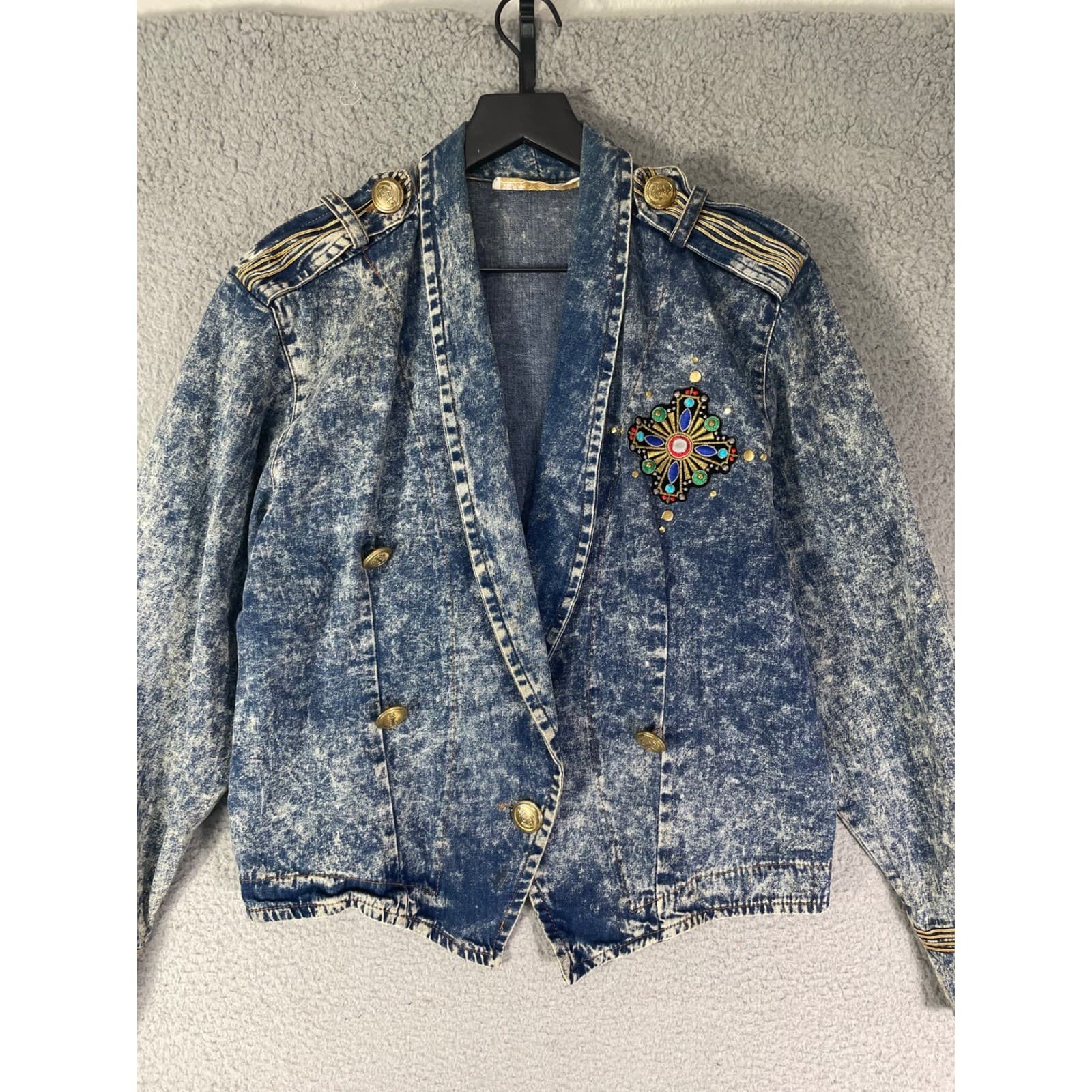 Vintage Acid Wash Denim Jacket Womens Small Military Embroidered 80s Crop - Thumbnail 5