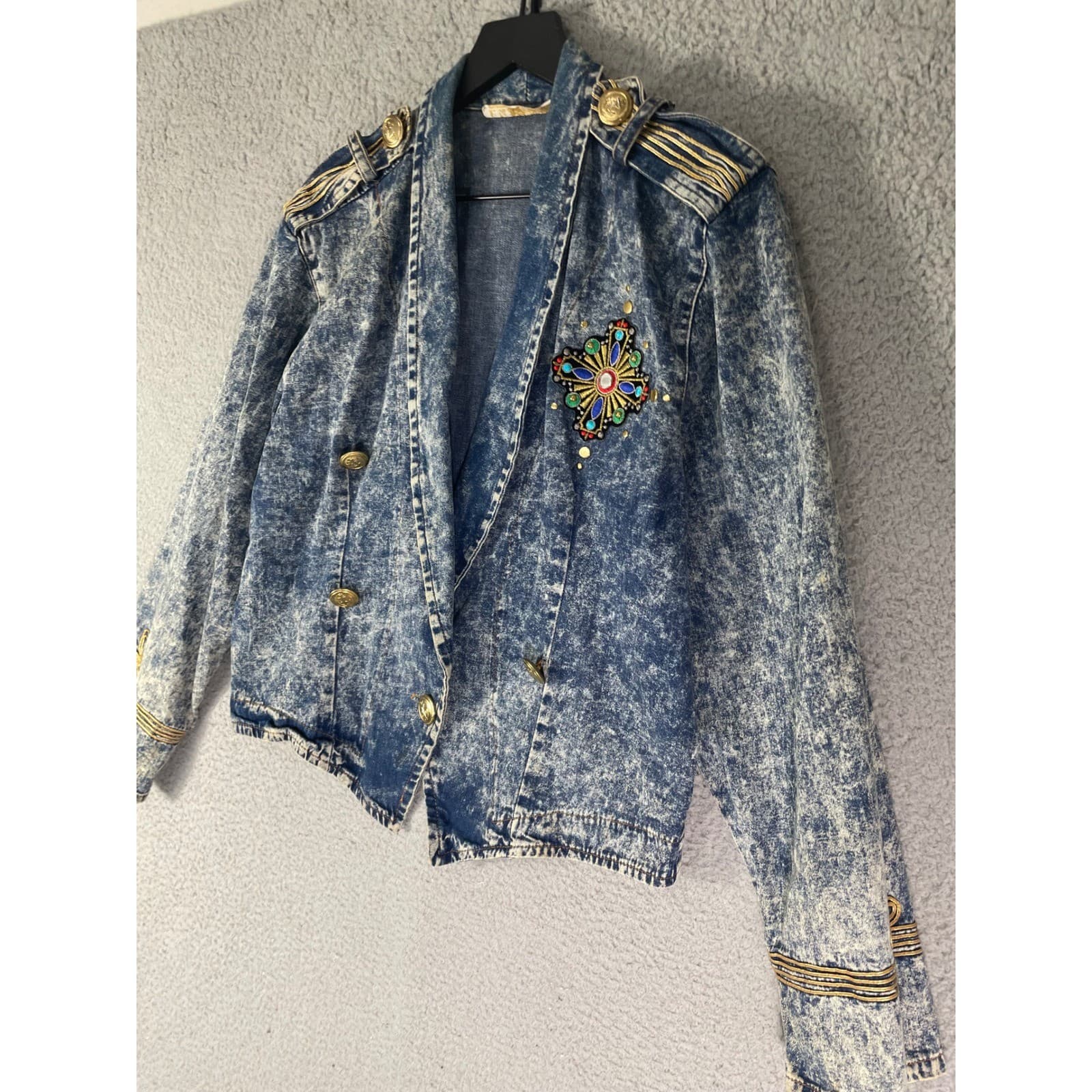 Vintage Acid Wash Denim Jacket Womens Small Military Embroidered 80s Crop - Thumbnail 10
