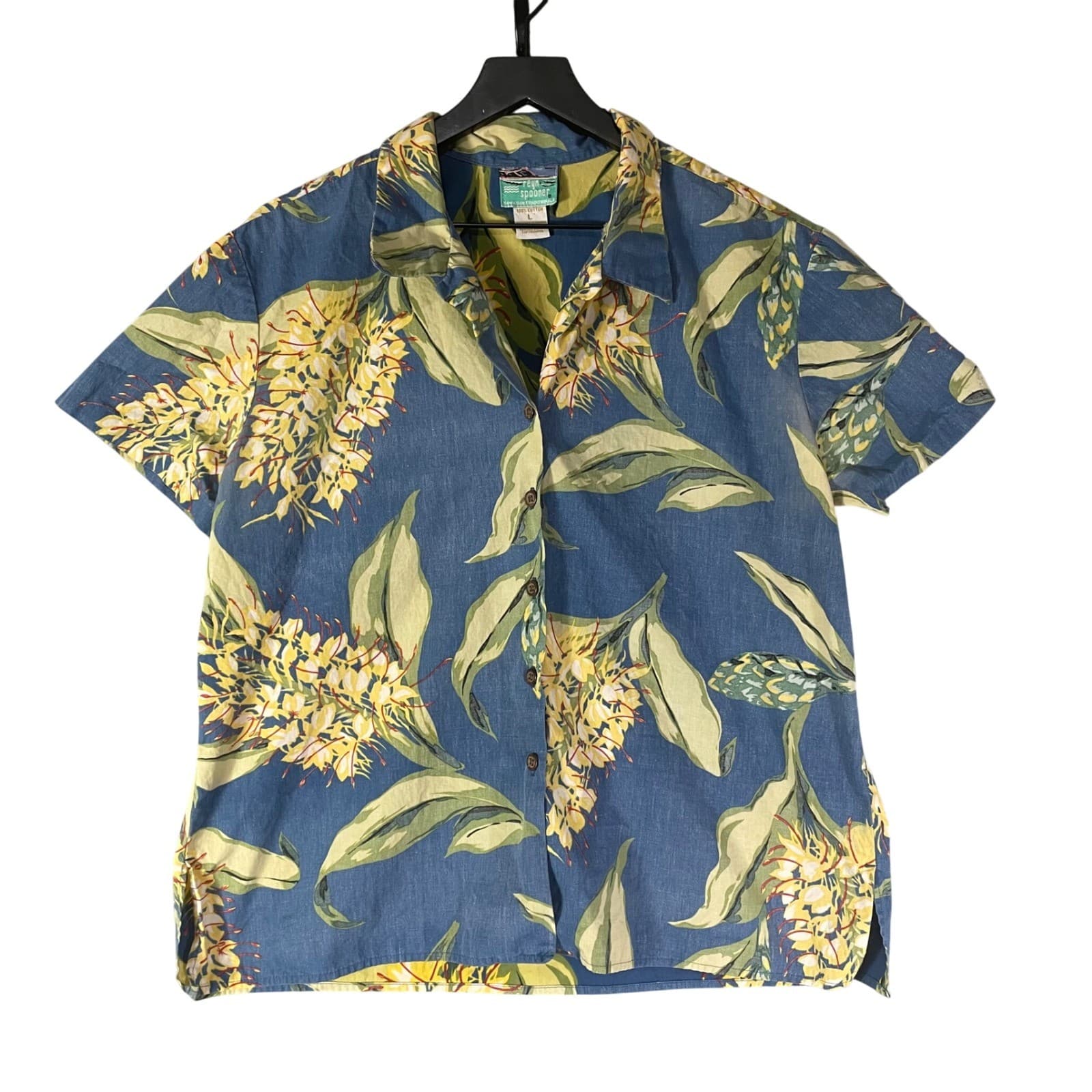 Reyn Spooner Hawaiian Shirt Mens Large Blue Yellow Pineapple Spooner Vintage - Thumbnail 3