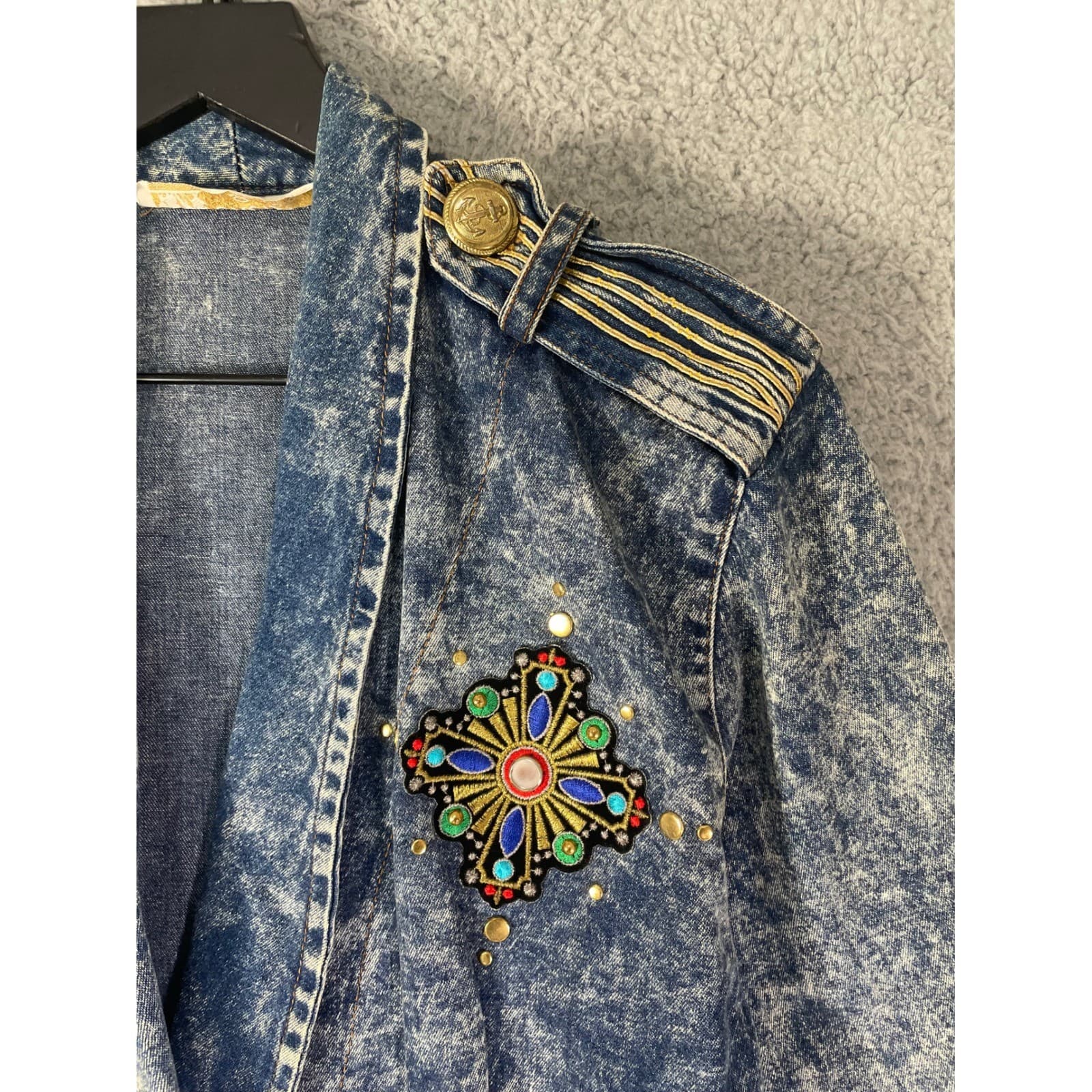 Vintage Acid Wash Denim Jacket Womens Small Military Embroidered 80s Crop - Thumbnail 6